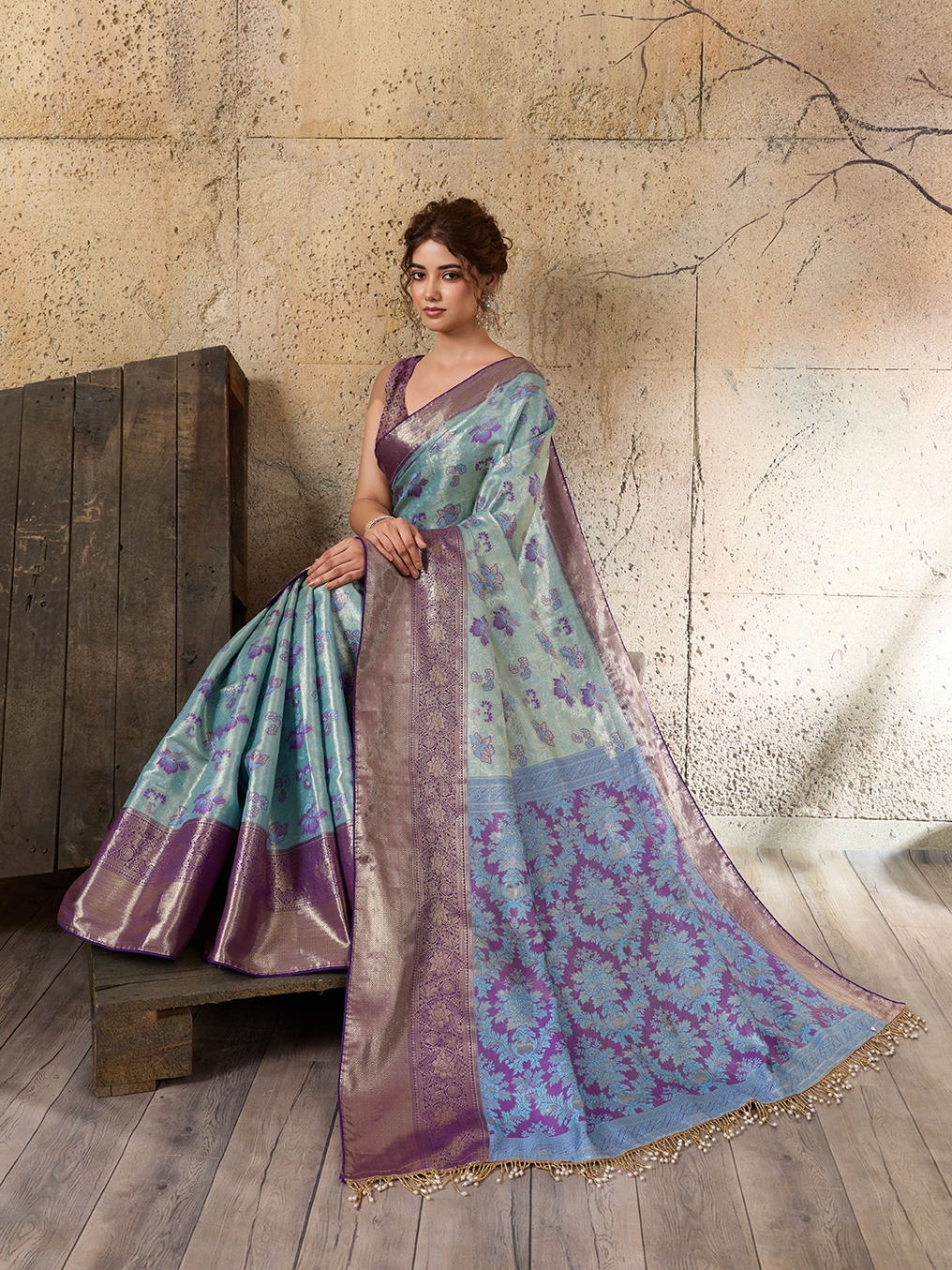 Sky Blue Violet Floral Woven Soft Silk Designer Saree