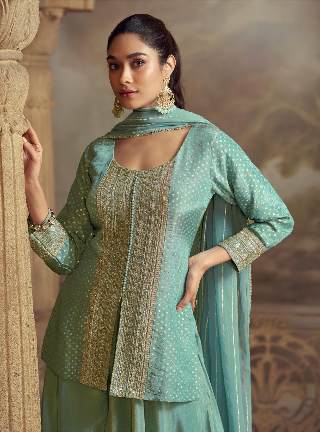 Sky Blue Viscose Embroidered Palazzo Suit — alternate view