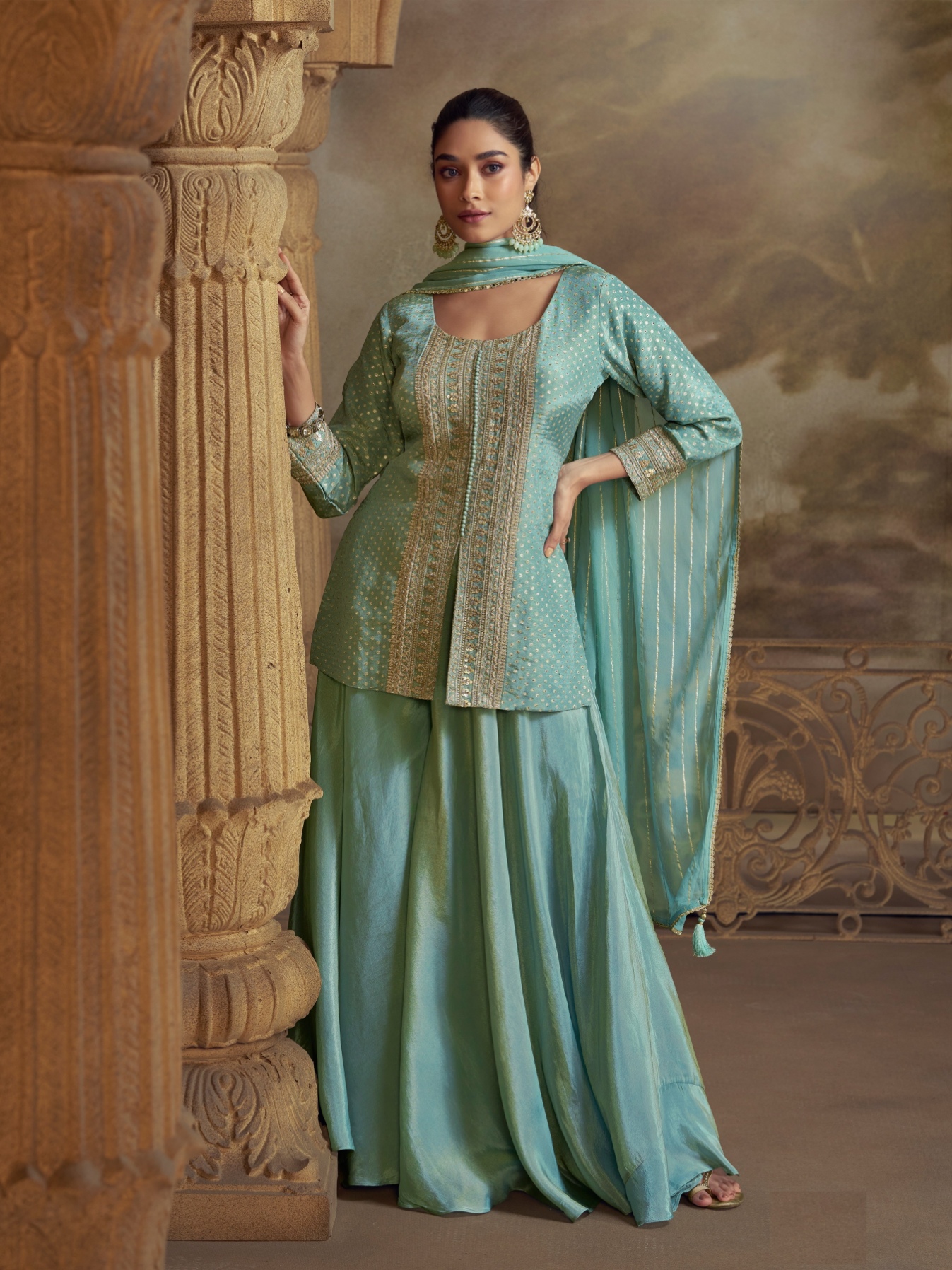 Sky Blue Viscose Embroidered Palazzo Suit