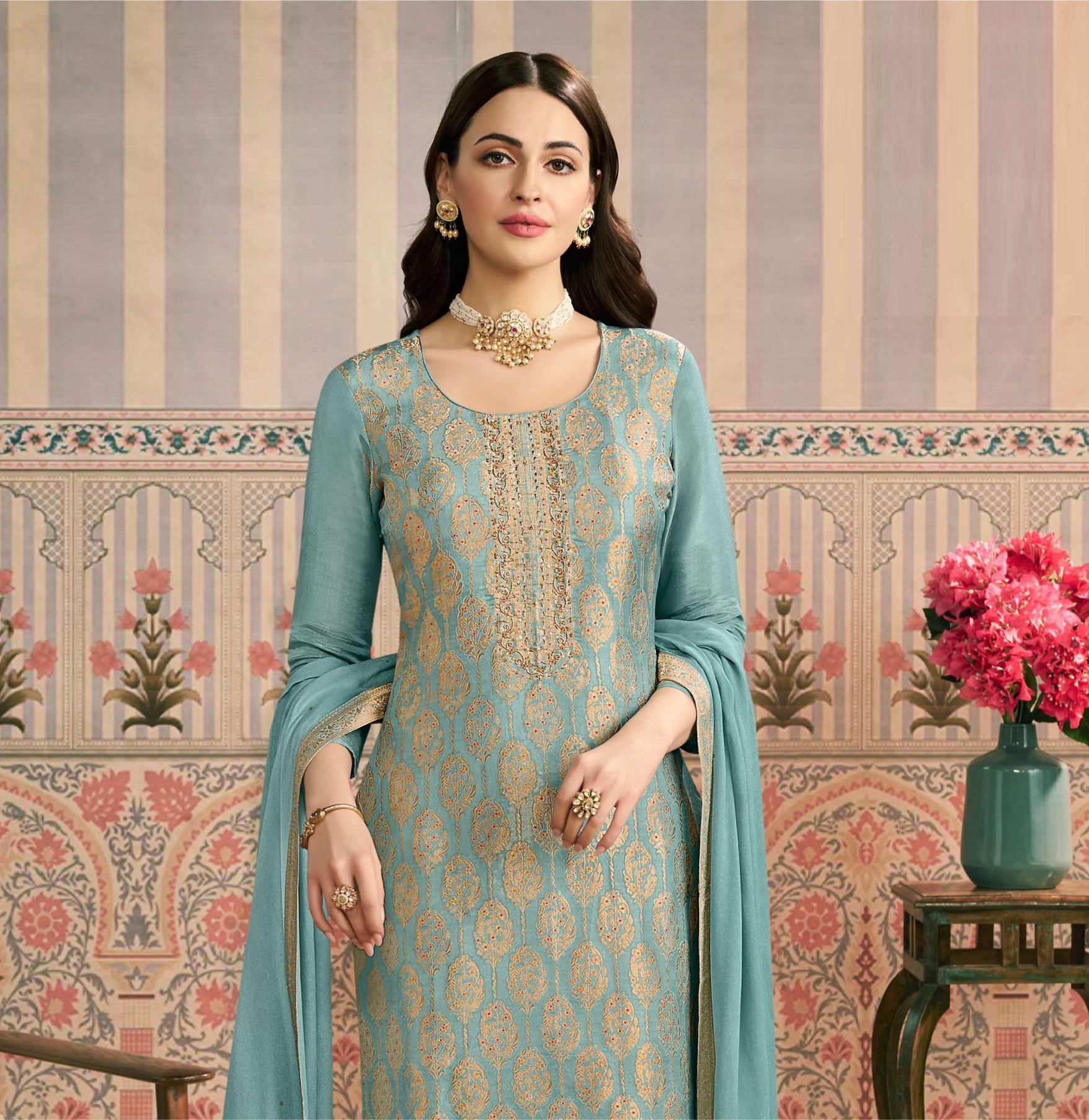 Sky Blue Viscose Jacquard Salwar Suit — alternate view