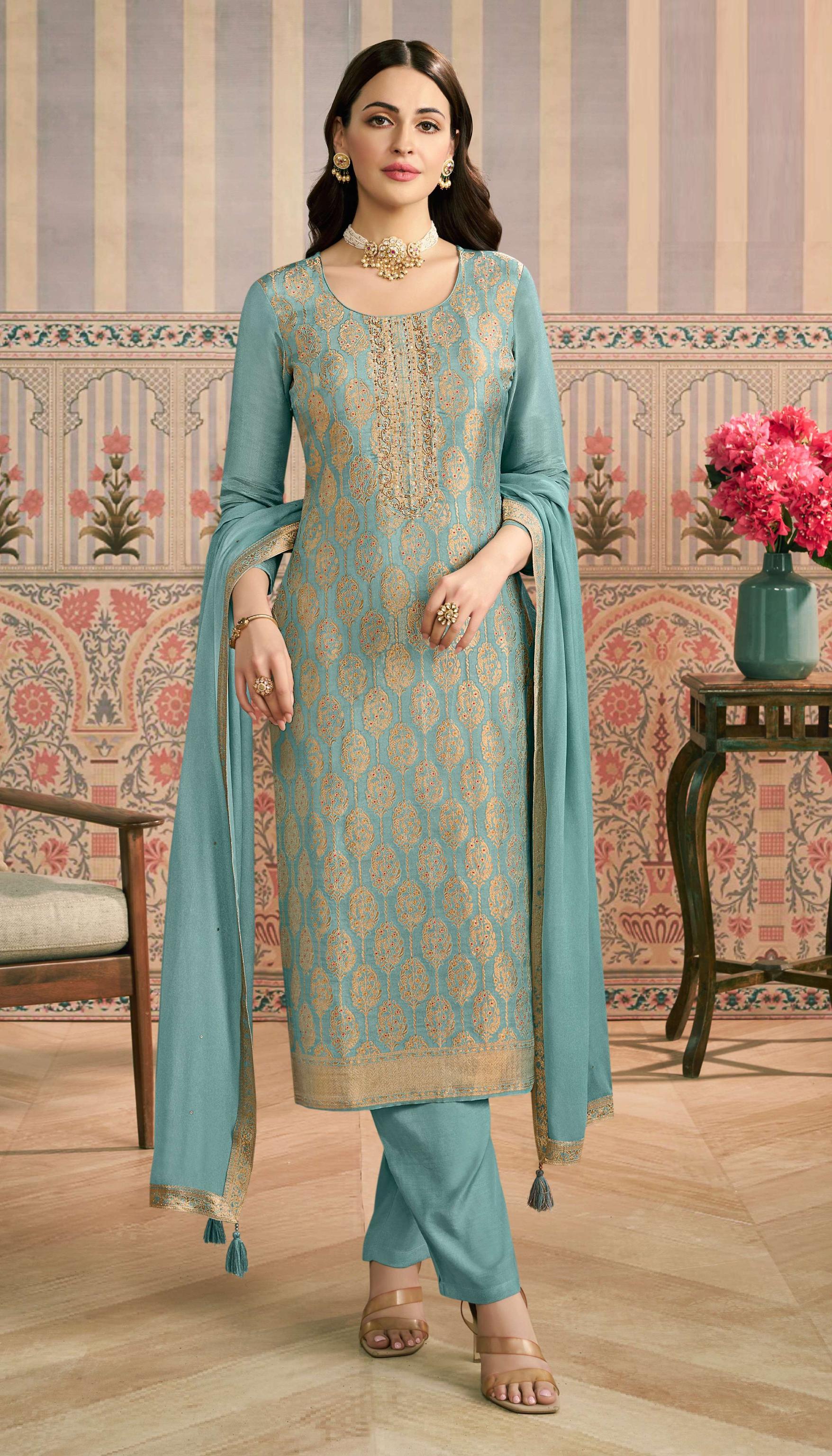 Sky Blue Viscose Jacquard Salwar Suit