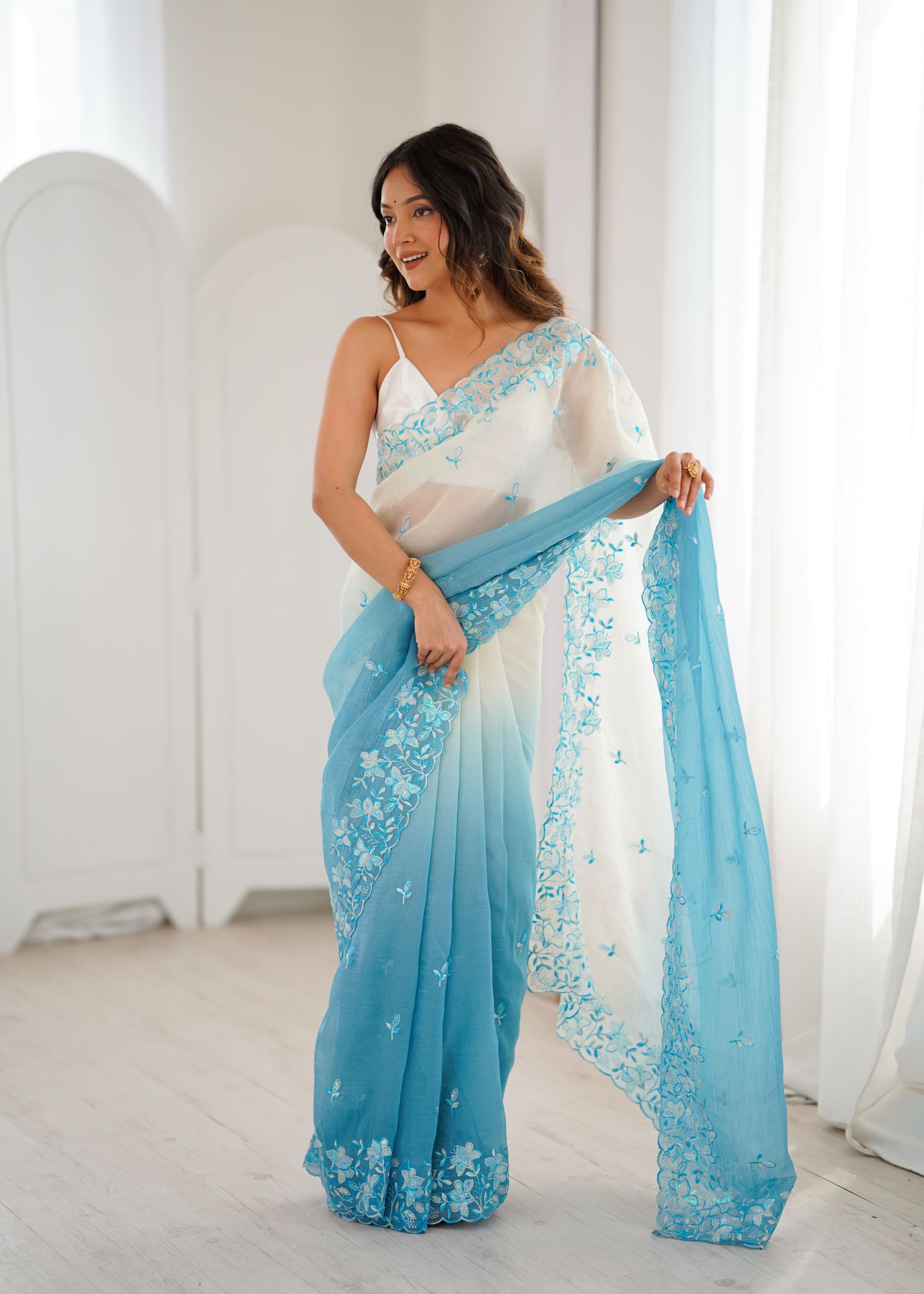 Sky Blue White Crunchy Sequins Embroidered Occasion Wear Saree
