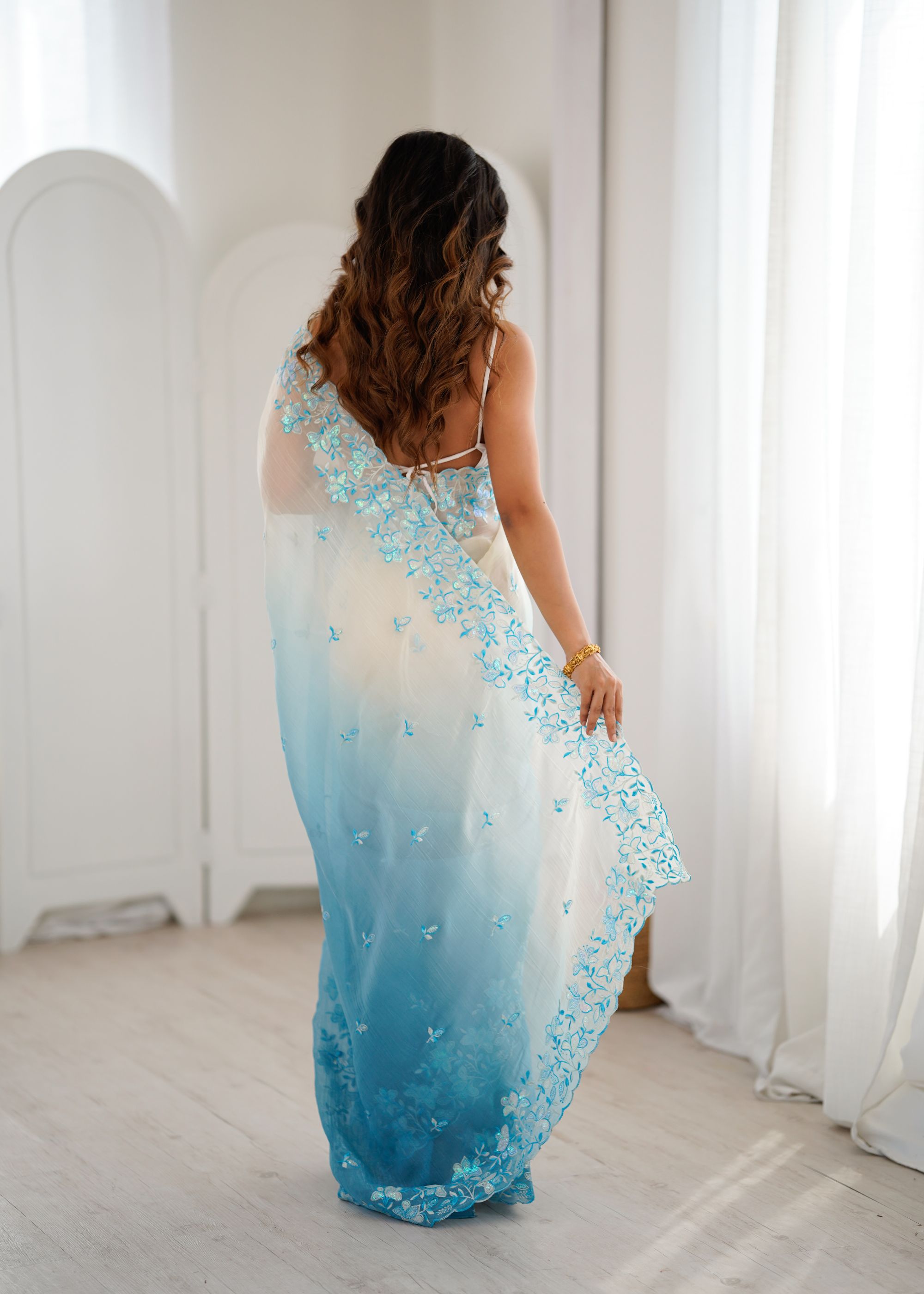 Sky Blue White Crunchy Sequins Embroidered Occasion Wear Saree — alternate view