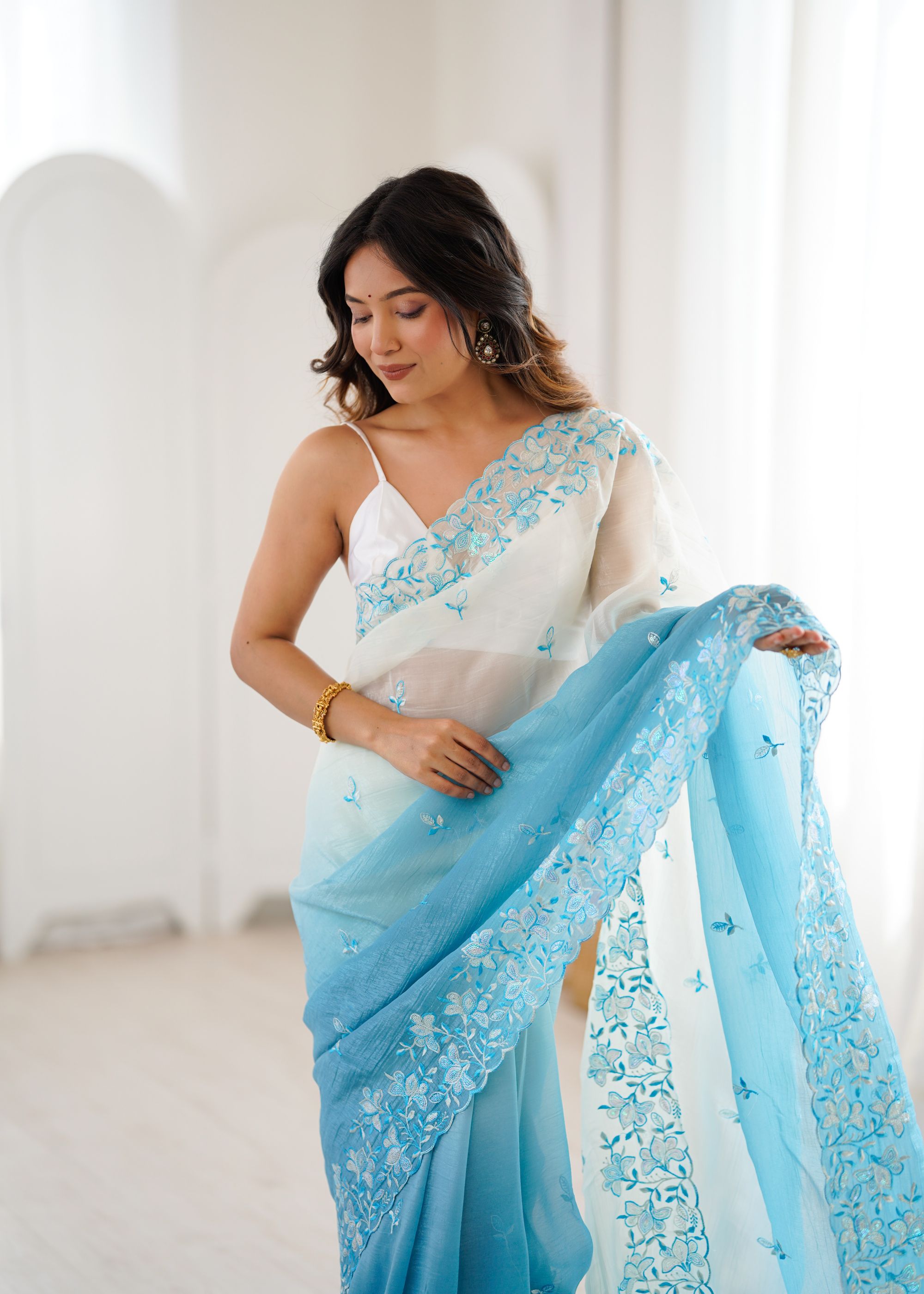 Sky Blue White Crunchy Sequins Embroidered Occasion Wear Saree