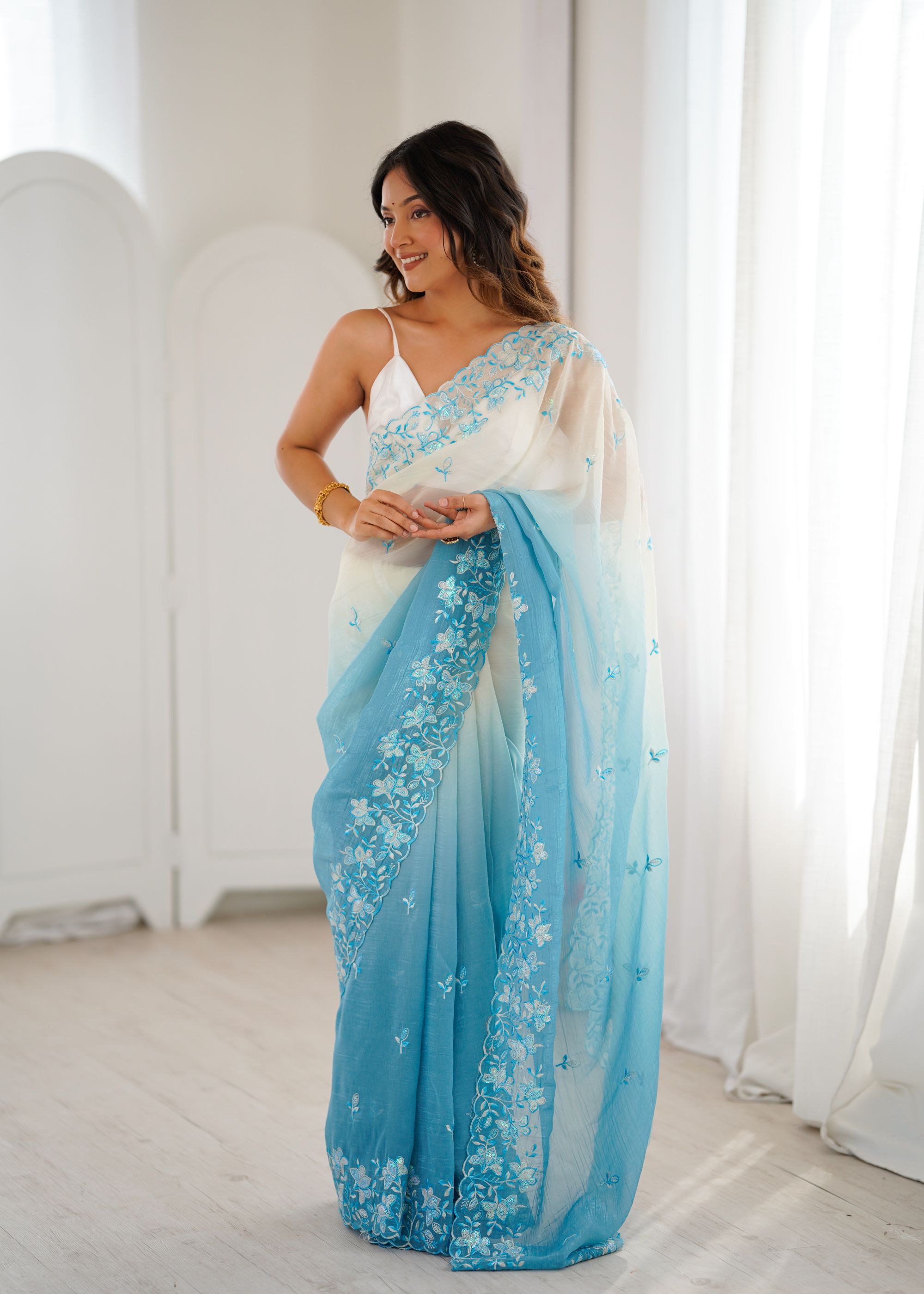 Sky Blue White Crunchy Sequins Embroidered Occasion Wear Saree