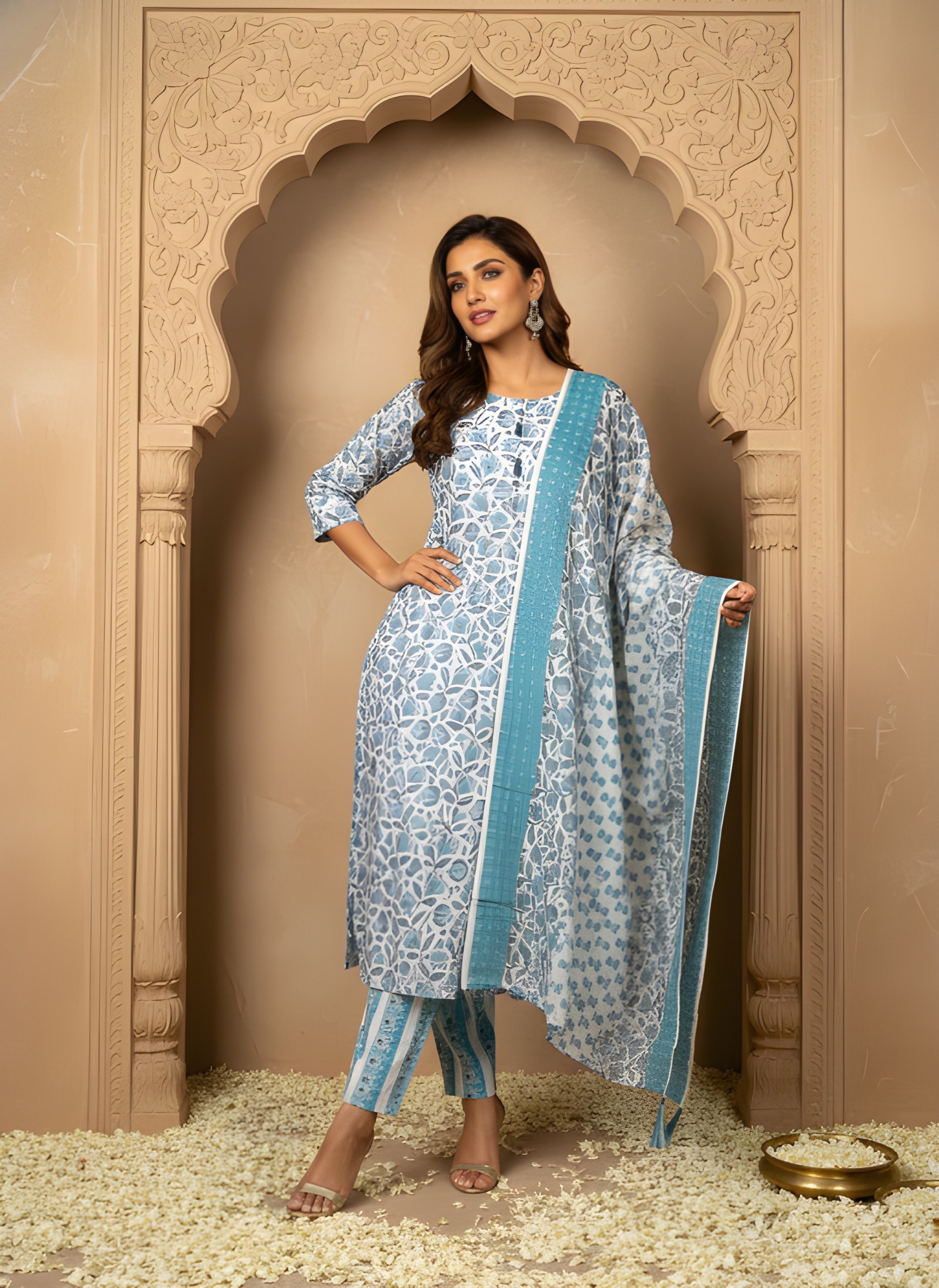 Sky Blue White Digital Printed Cotton Blend Salwar Suit