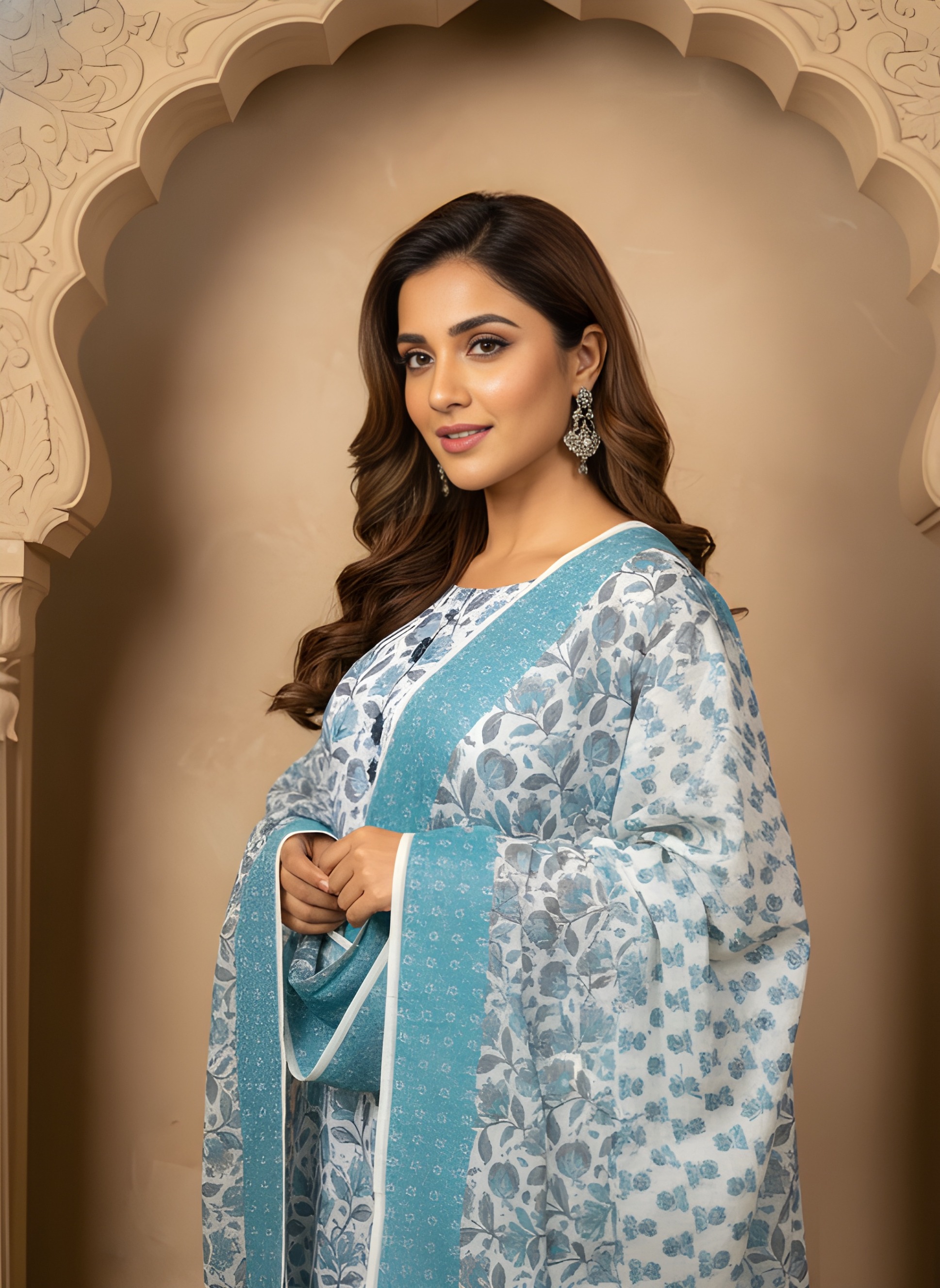 Sky Blue White Digital Printed Cotton Blend Salwar Suit
