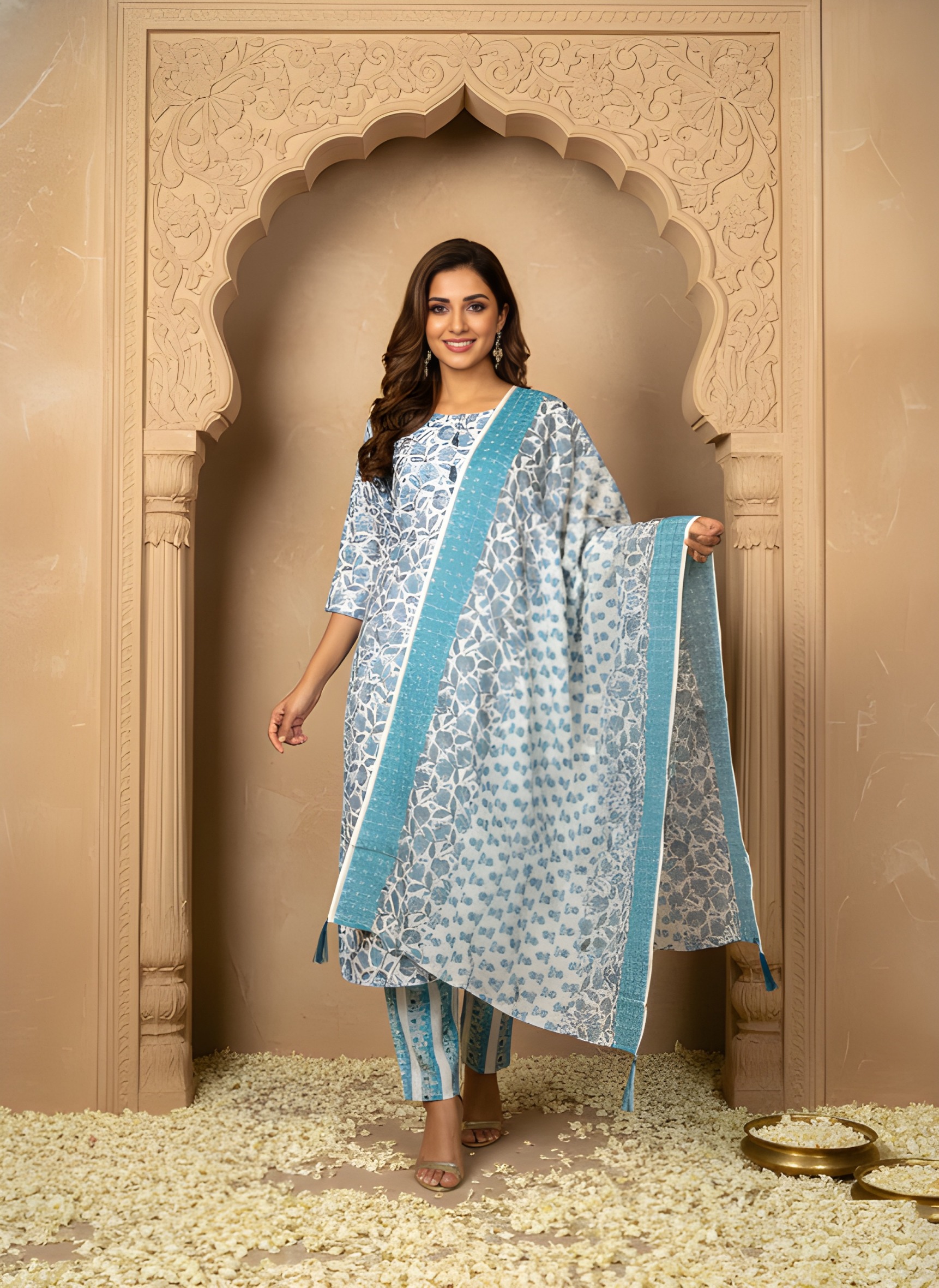 Sky Blue White Digital Printed Cotton Blend Salwar Suit
