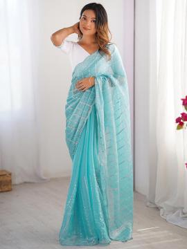 Sky Blue White Jimmy Choo Designer Embroidery Work Saree