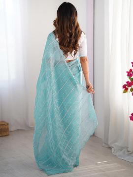 Sky Blue White Jimmy Choo Designer Embroidery Work Saree — alternate view