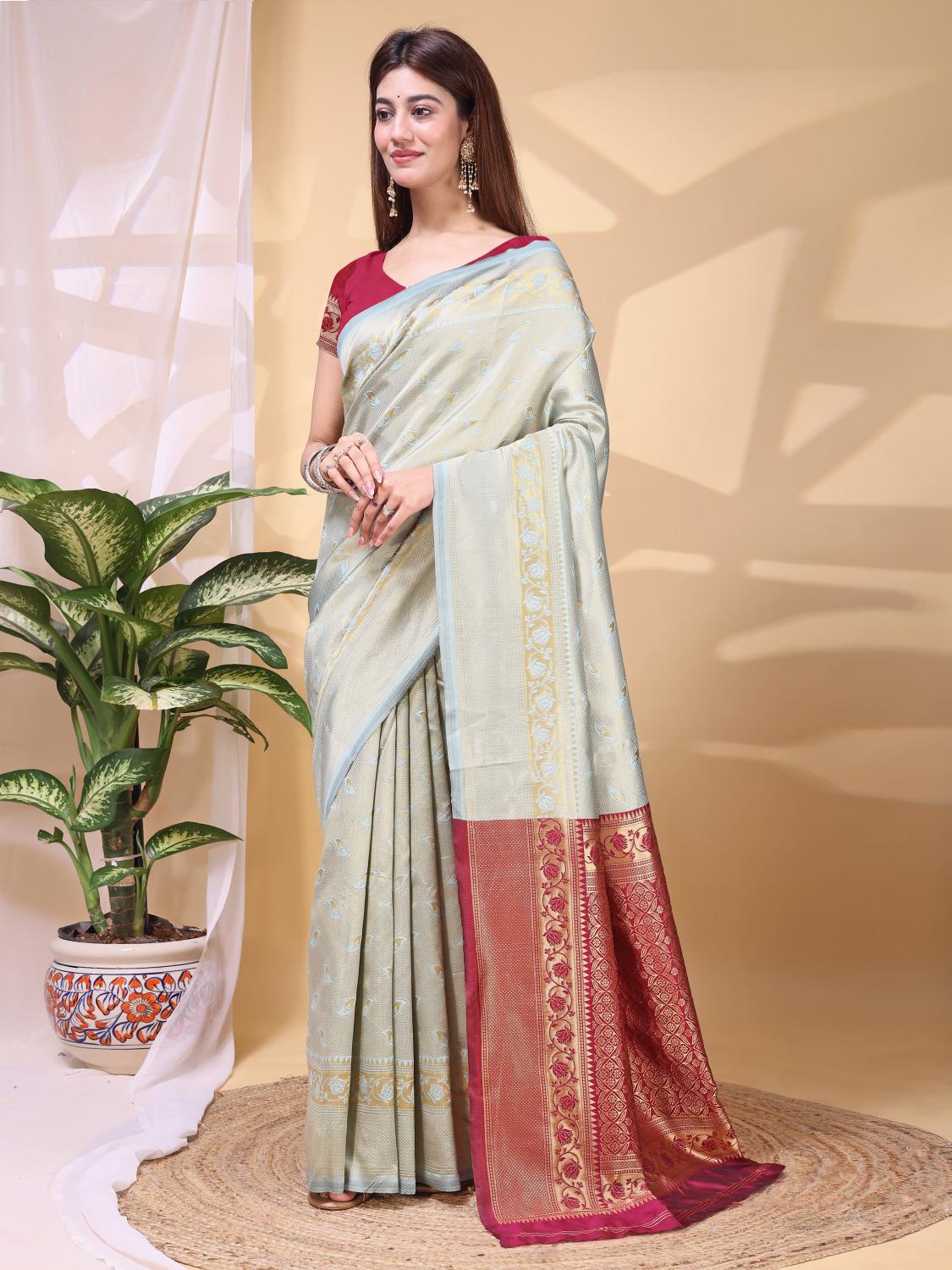 Sky Blue Wine Lichi Silk Zari Work Saree