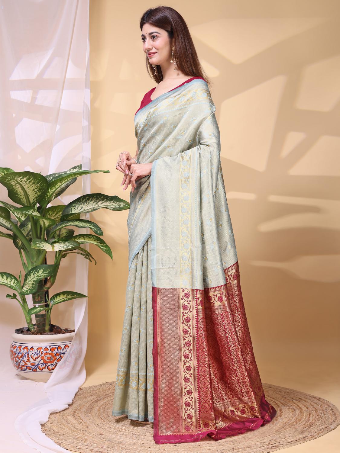 Sky Blue Wine Lichi Silk Zari Work Saree