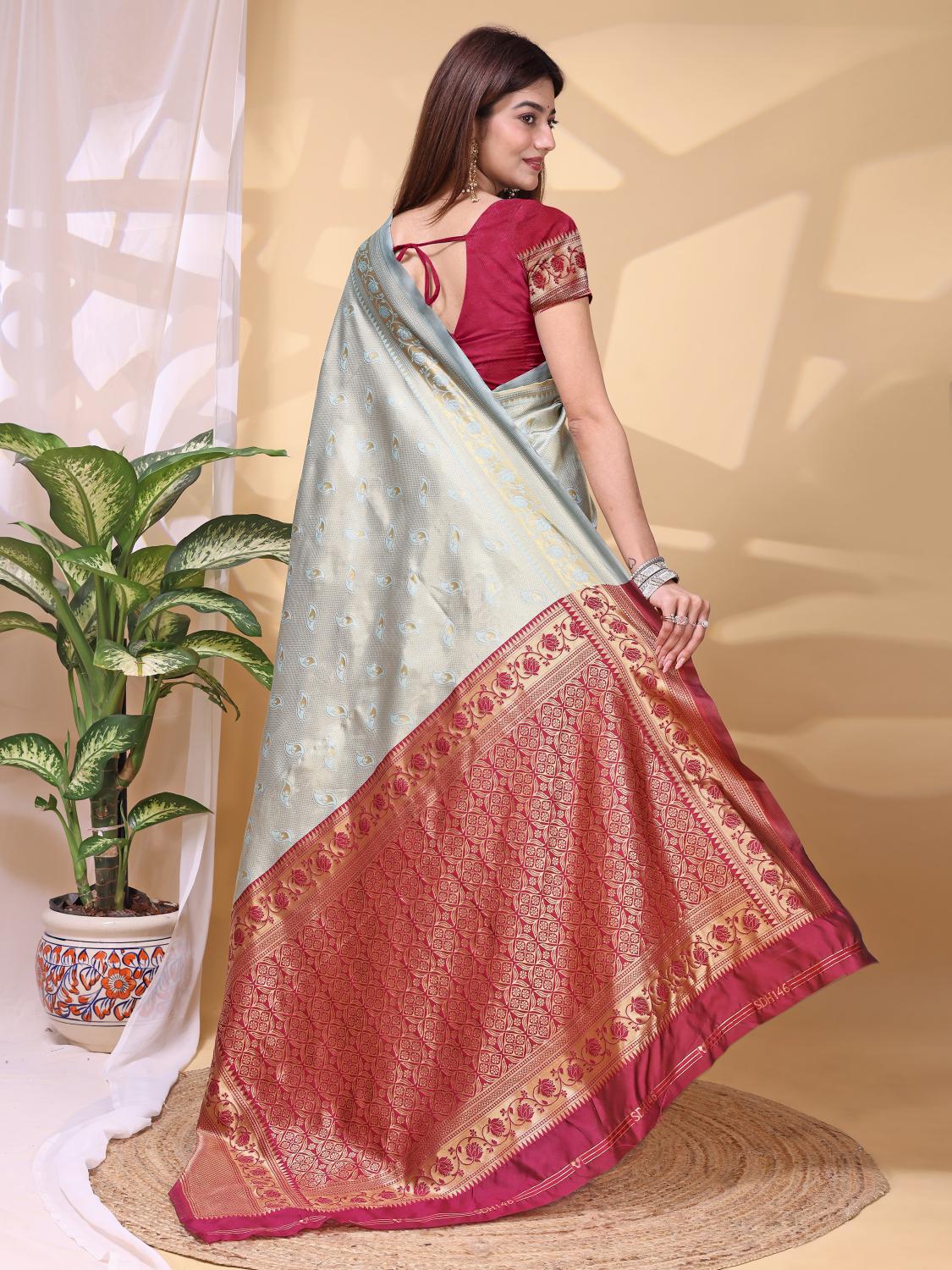 Sky Blue Wine Lichi Silk Zari Work Saree
