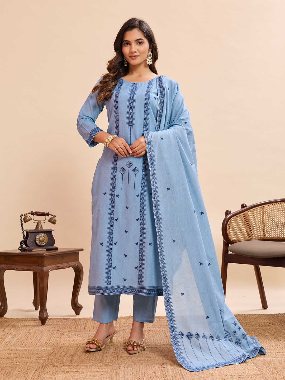 Sky Blue Woven Cotton Straight Salwar Suit