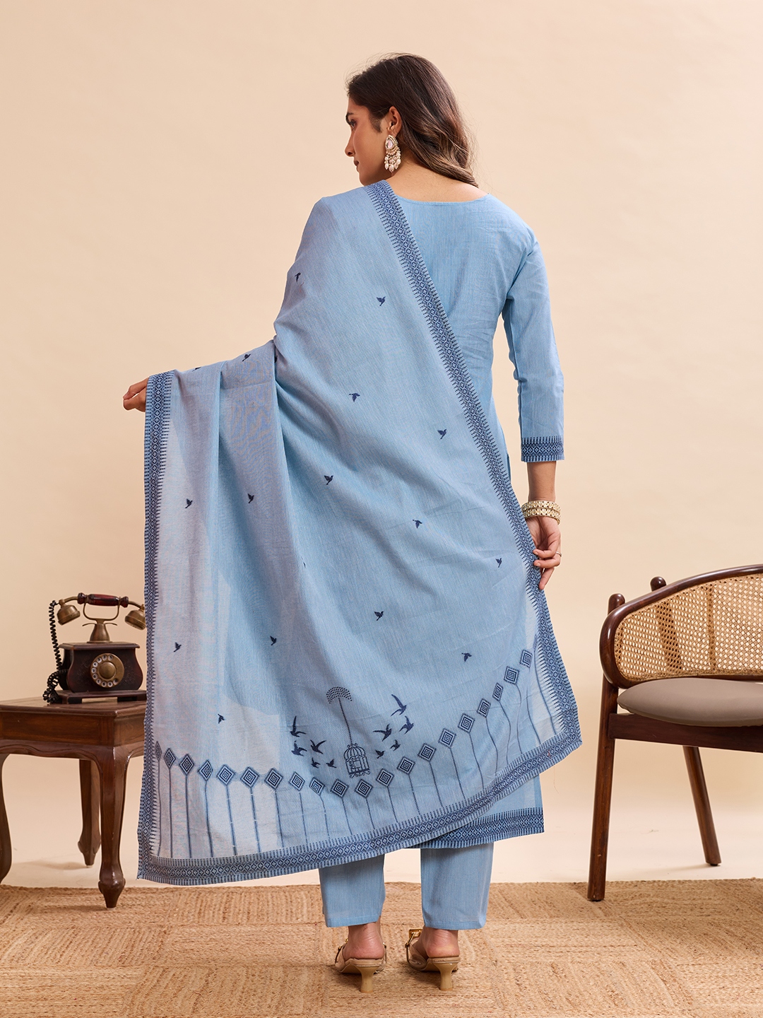 Sky Blue Woven Cotton Straight Salwar Suit — alternate view