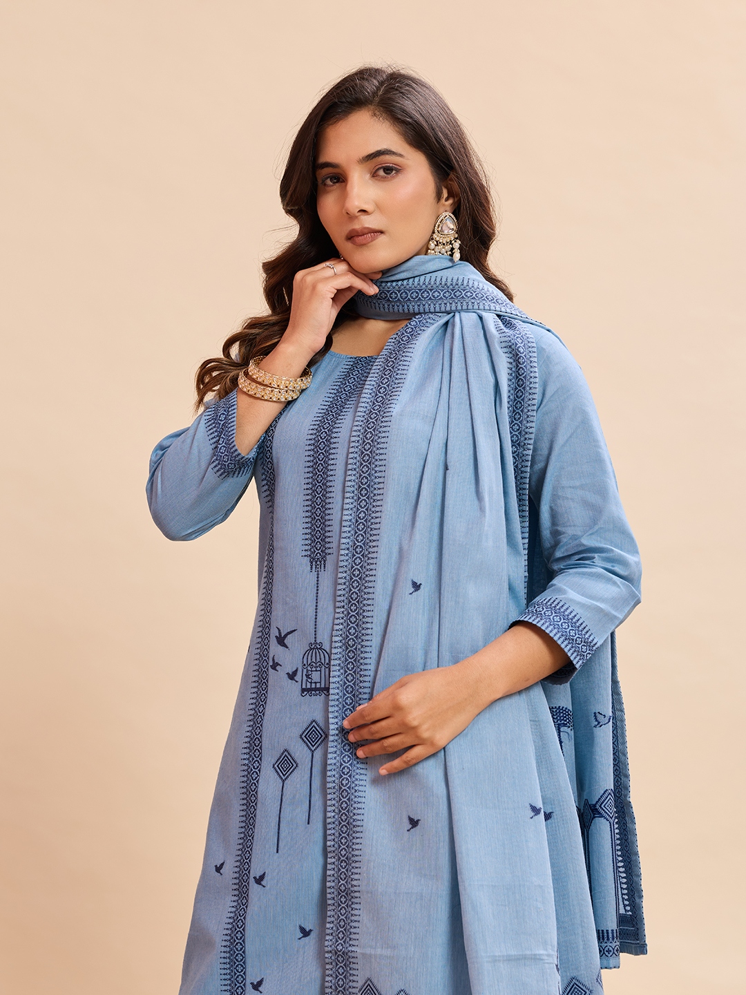 Sky Blue Woven Cotton Straight Salwar Suit
