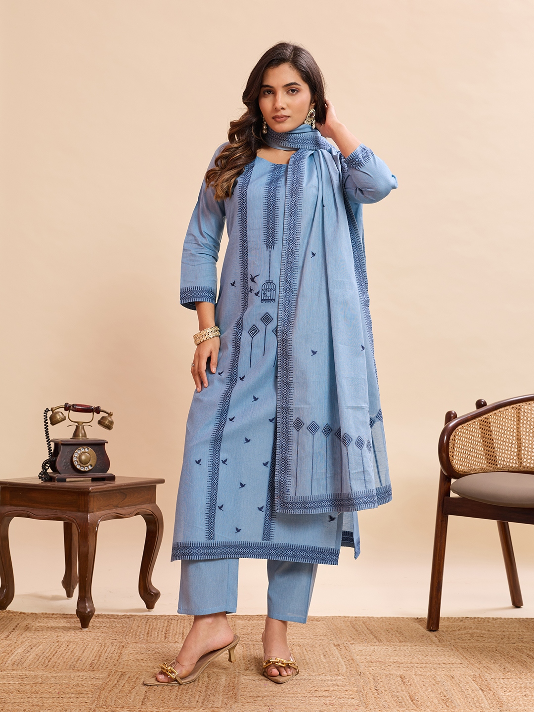 Sky Blue Woven Cotton Straight Salwar Suit