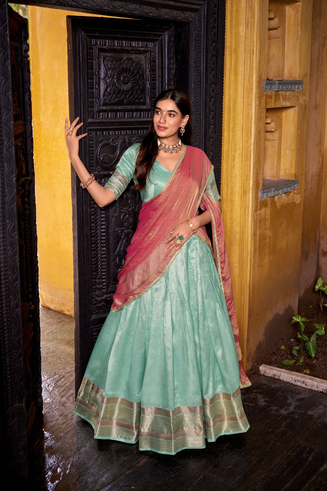 Sky Blue Woven Dupion Silk Lehenga Choli