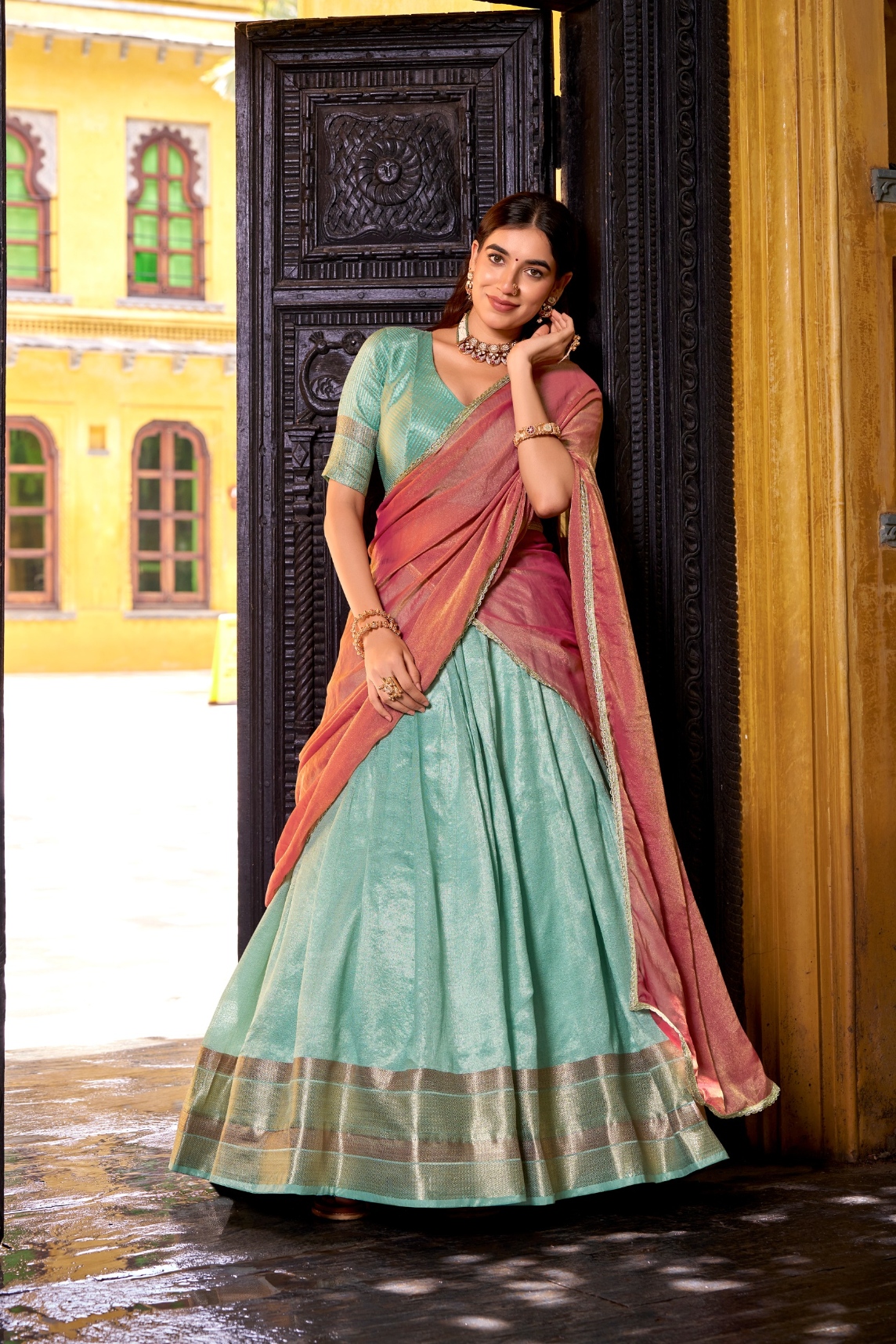 Sky Blue Woven Dupion Silk Lehenga Choli