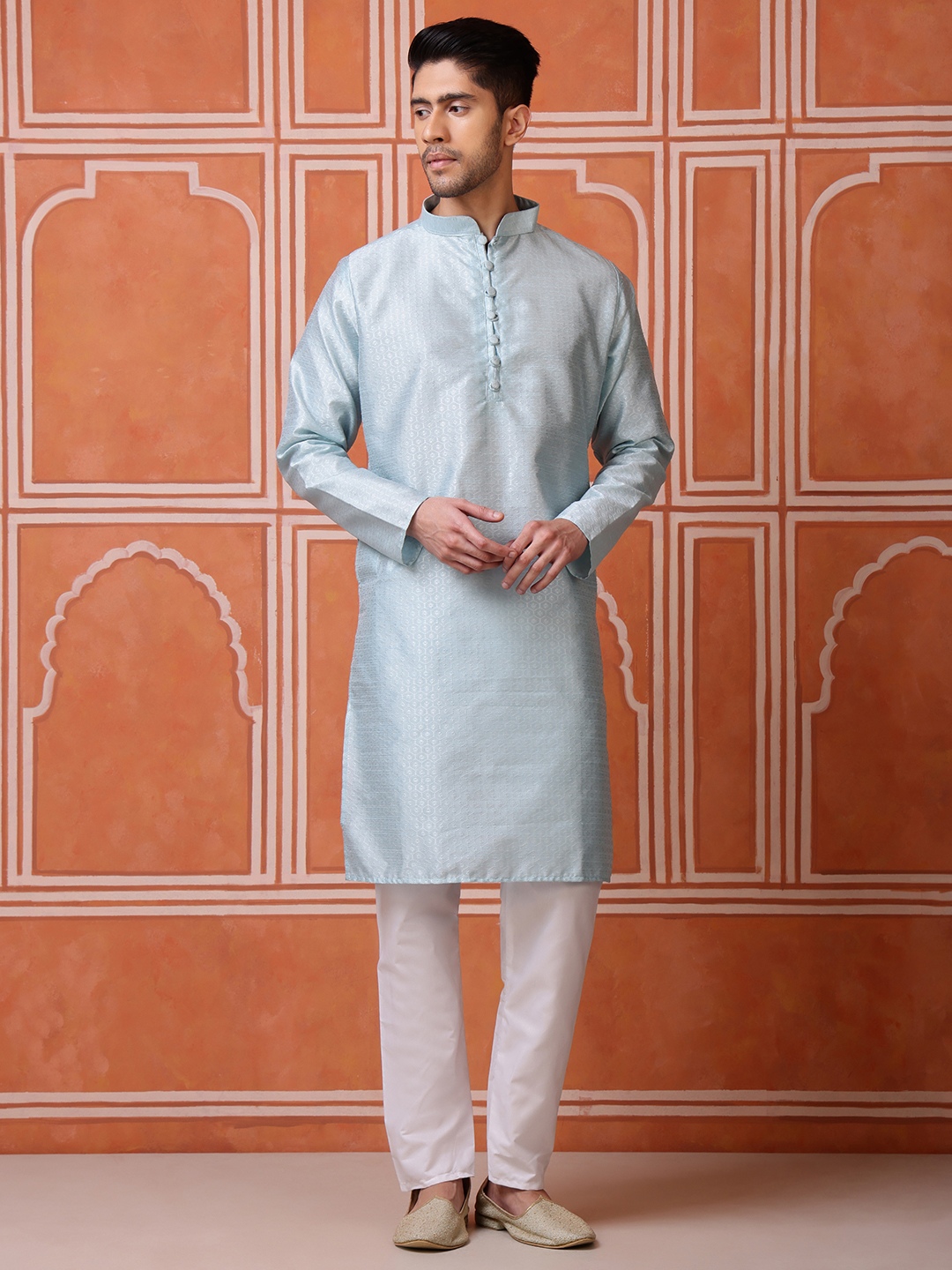 Sky Blue Woven Silk Blend Kurta Pyjama