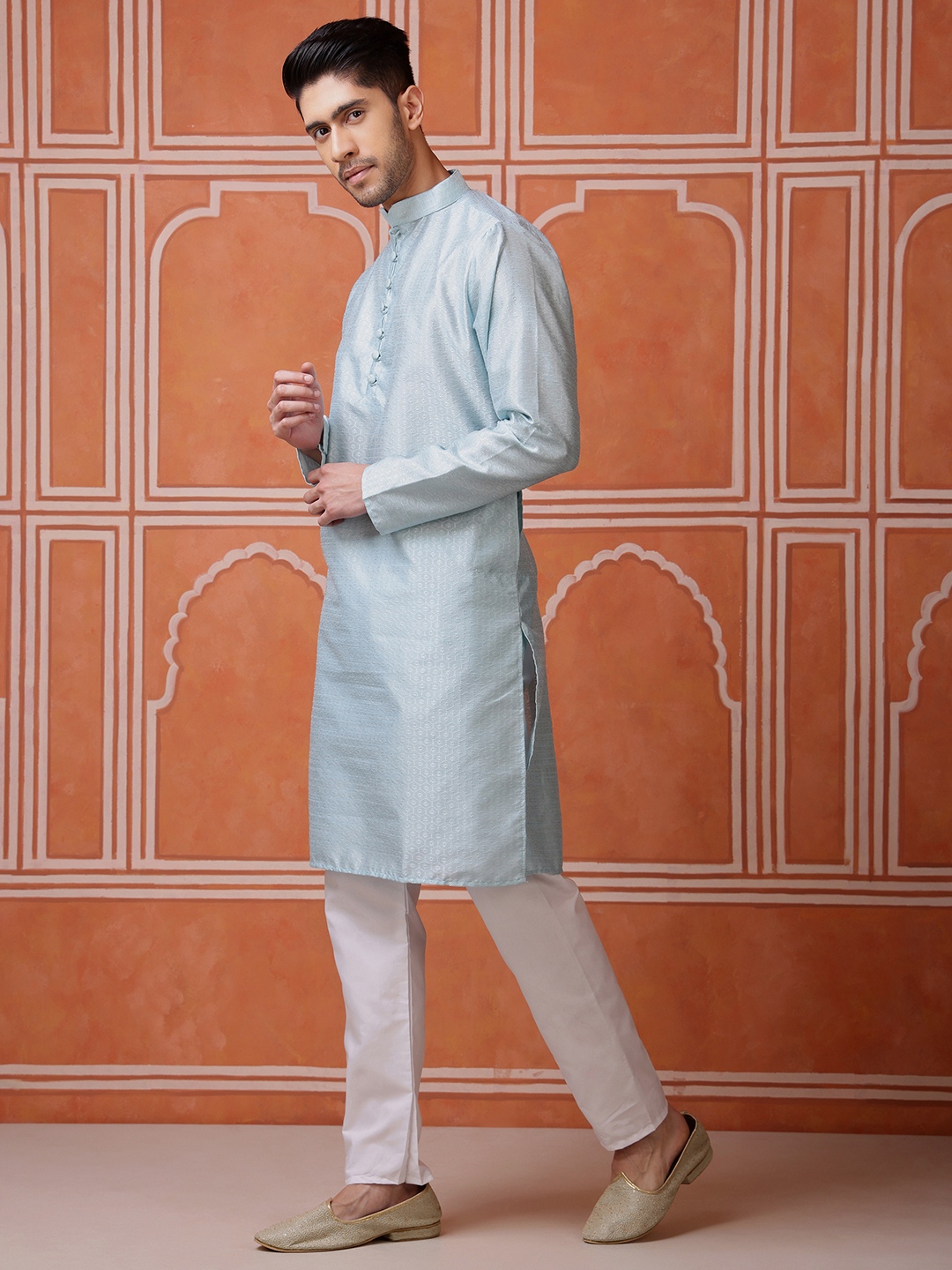 Sky Blue Woven Silk Blend Kurta Pyjama