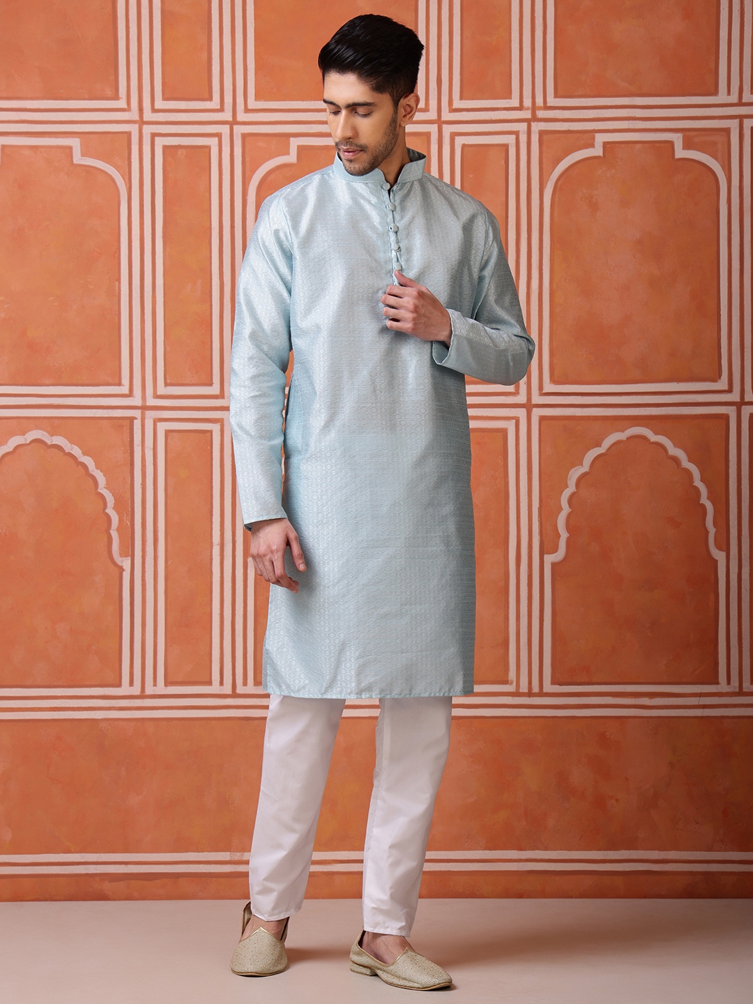 Sky Blue Woven Silk Blend Kurta Pyjama