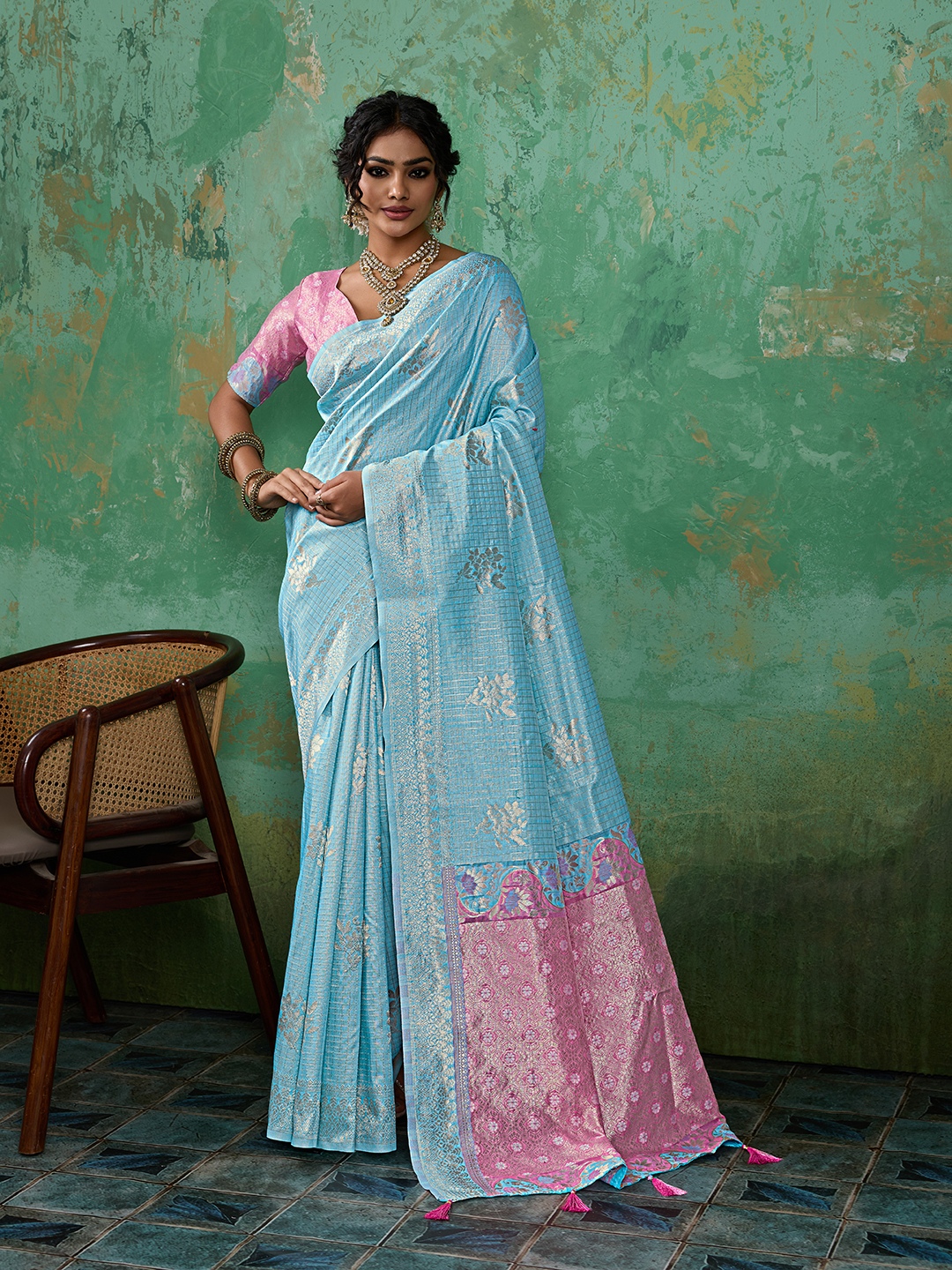 Sky Blue Woven Zari Linen Saree