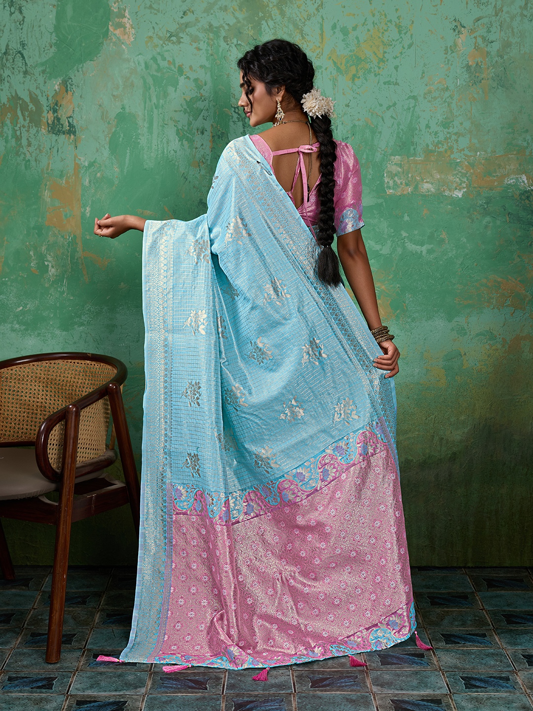 Sky Blue Woven Zari Linen Saree — alternate view