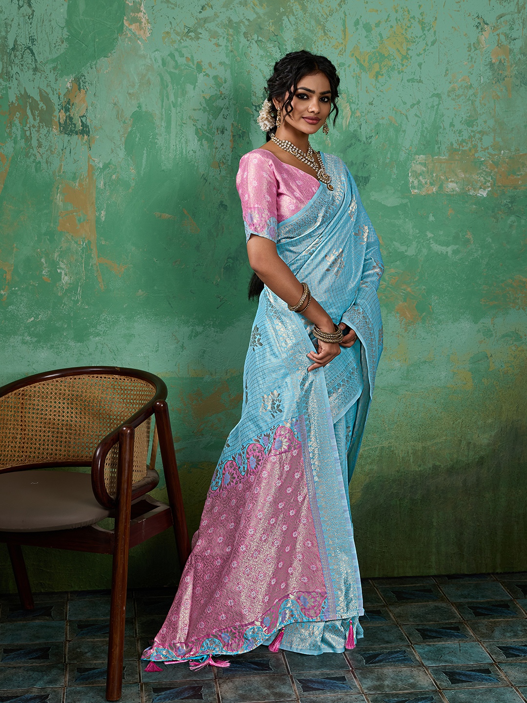 Sky Blue Woven Zari Linen Saree