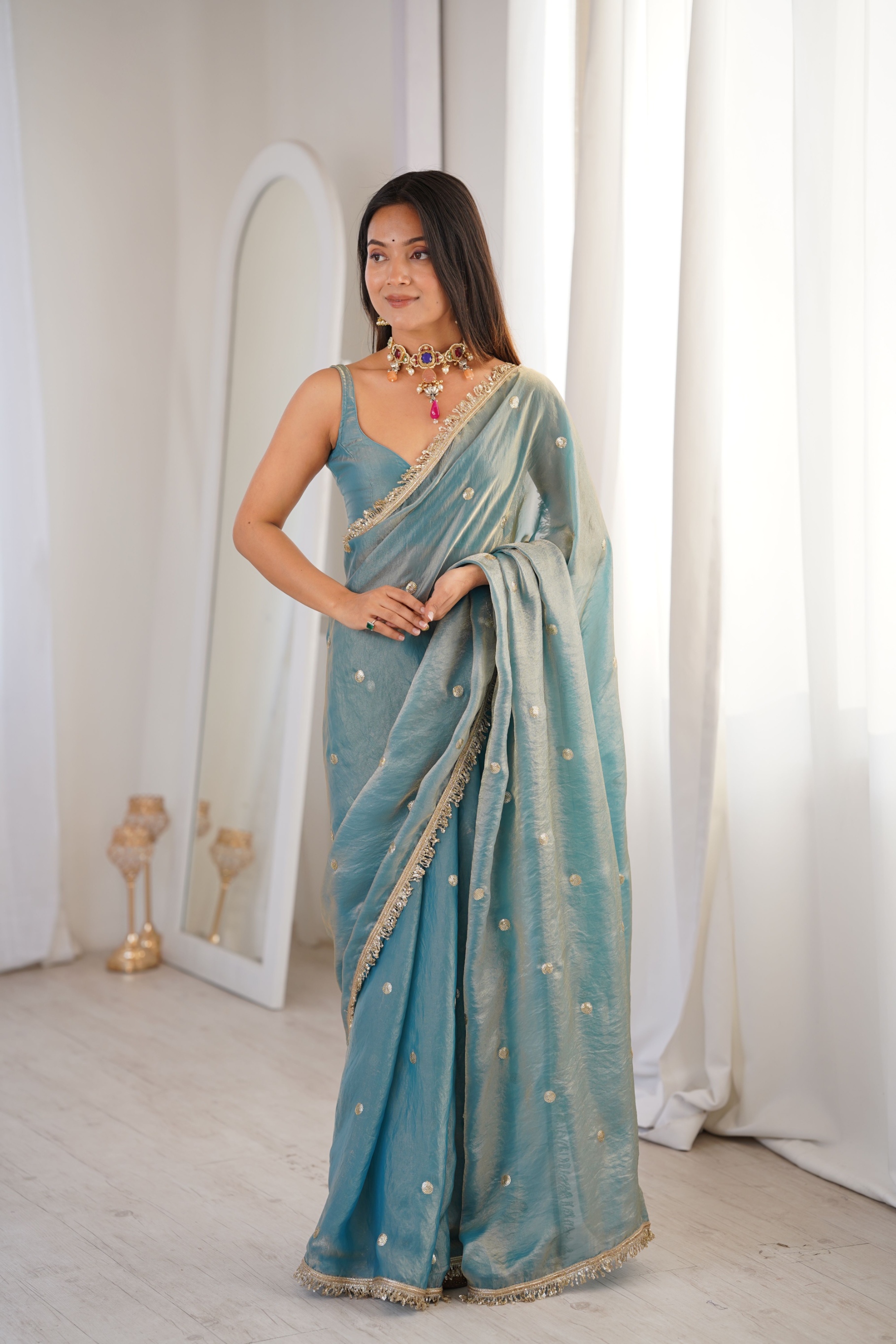 Sky Blue Zari Sequin Fendy Satin Saree