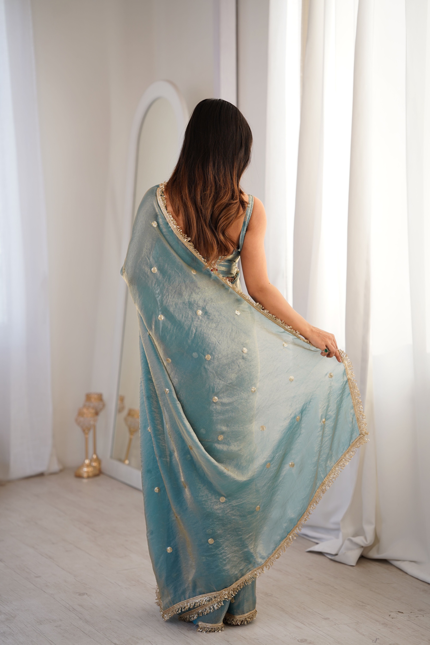 Sky Blue Zari Sequin Fendy Satin Saree — alternate view