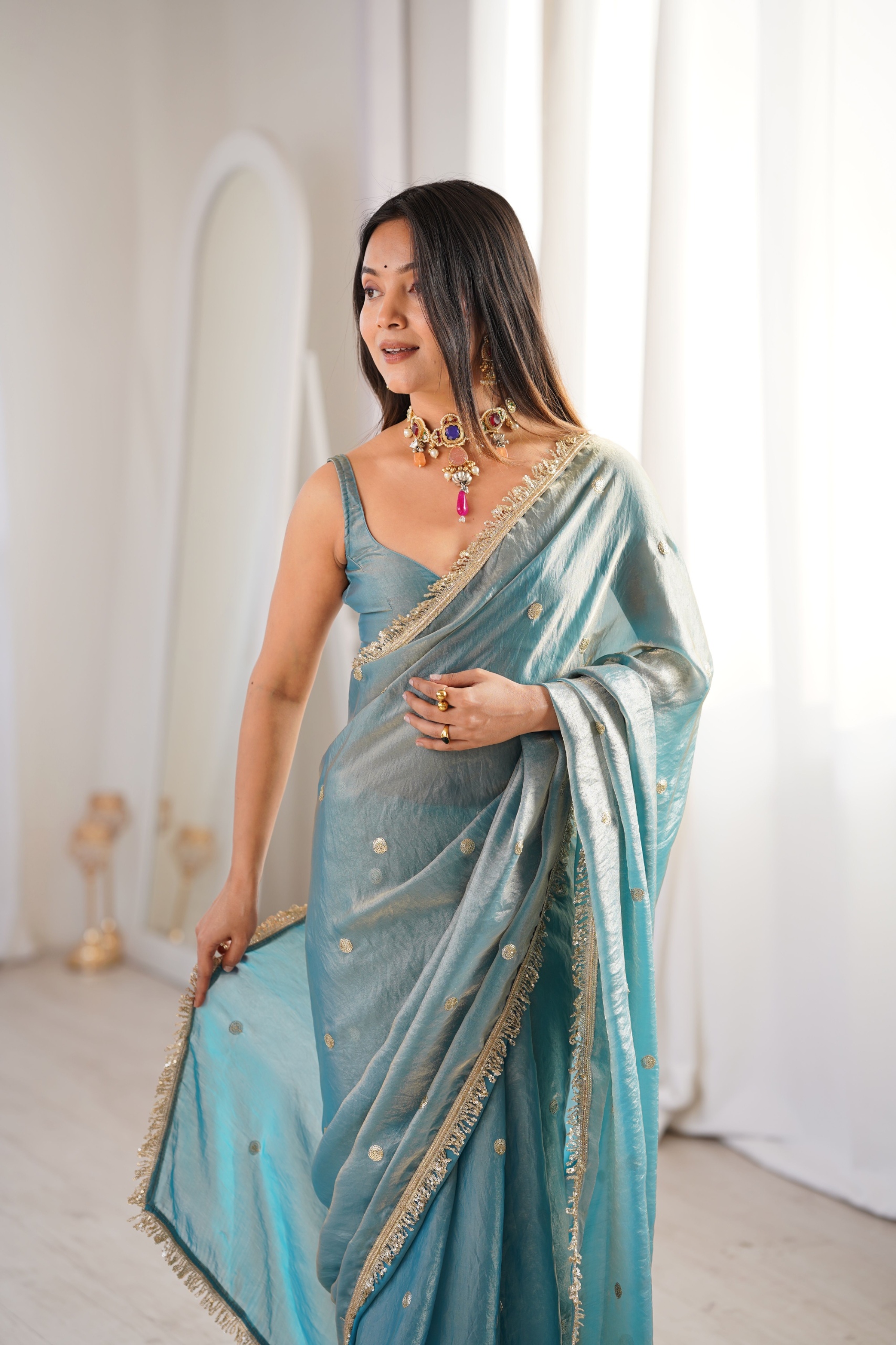 Sky Blue Zari Sequin Fendy Satin Saree