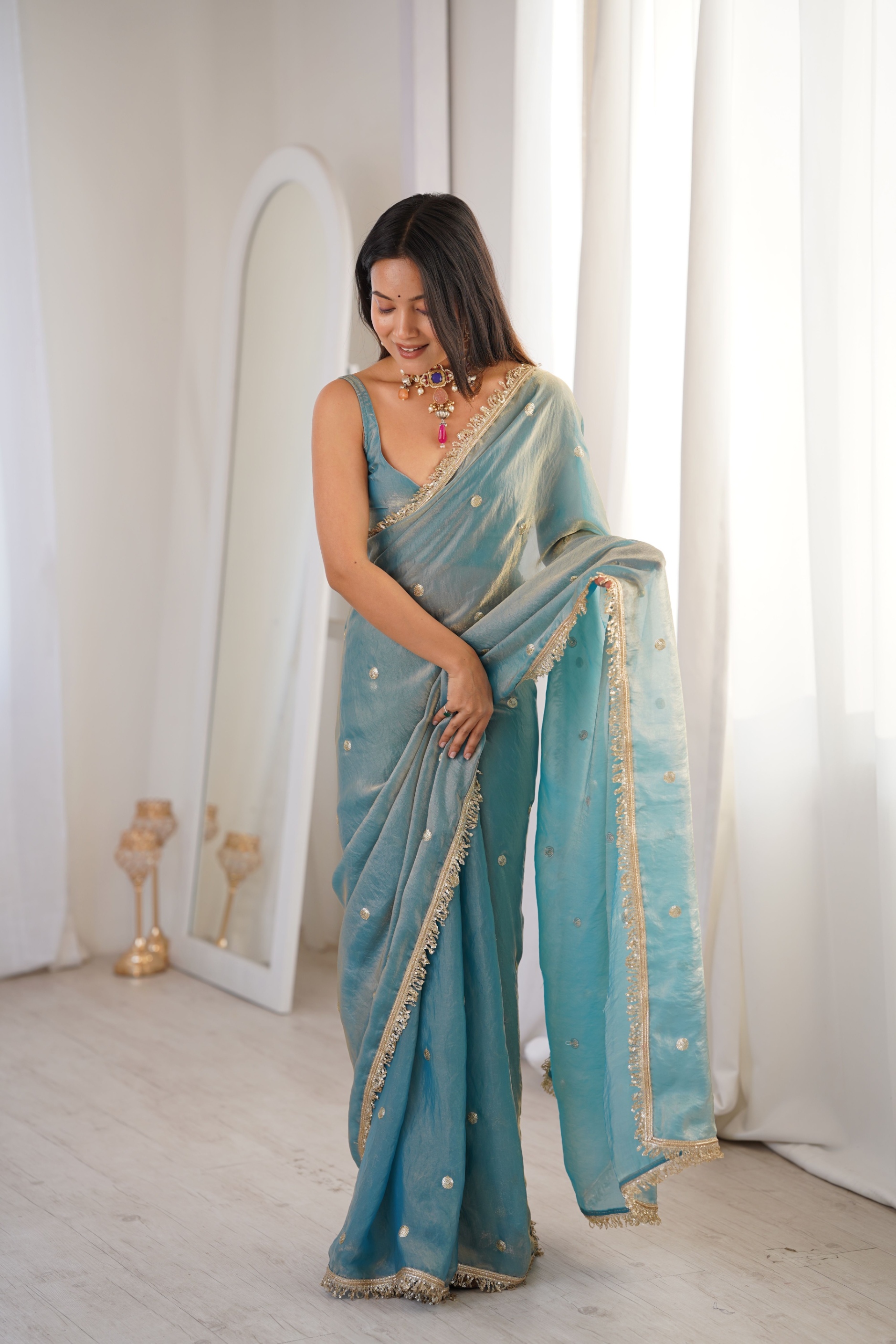 Sky Blue Zari Sequin Fendy Satin Saree
