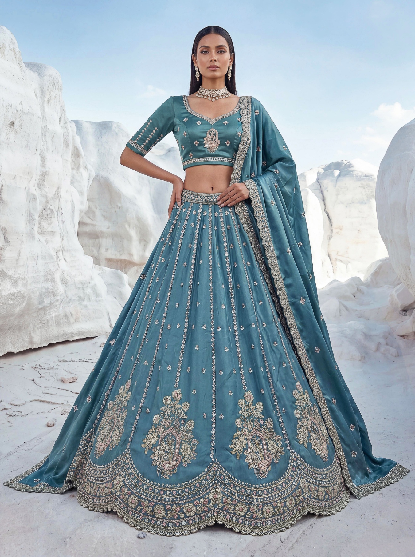 Sky Blue Zari Silk Bridal Lehenga