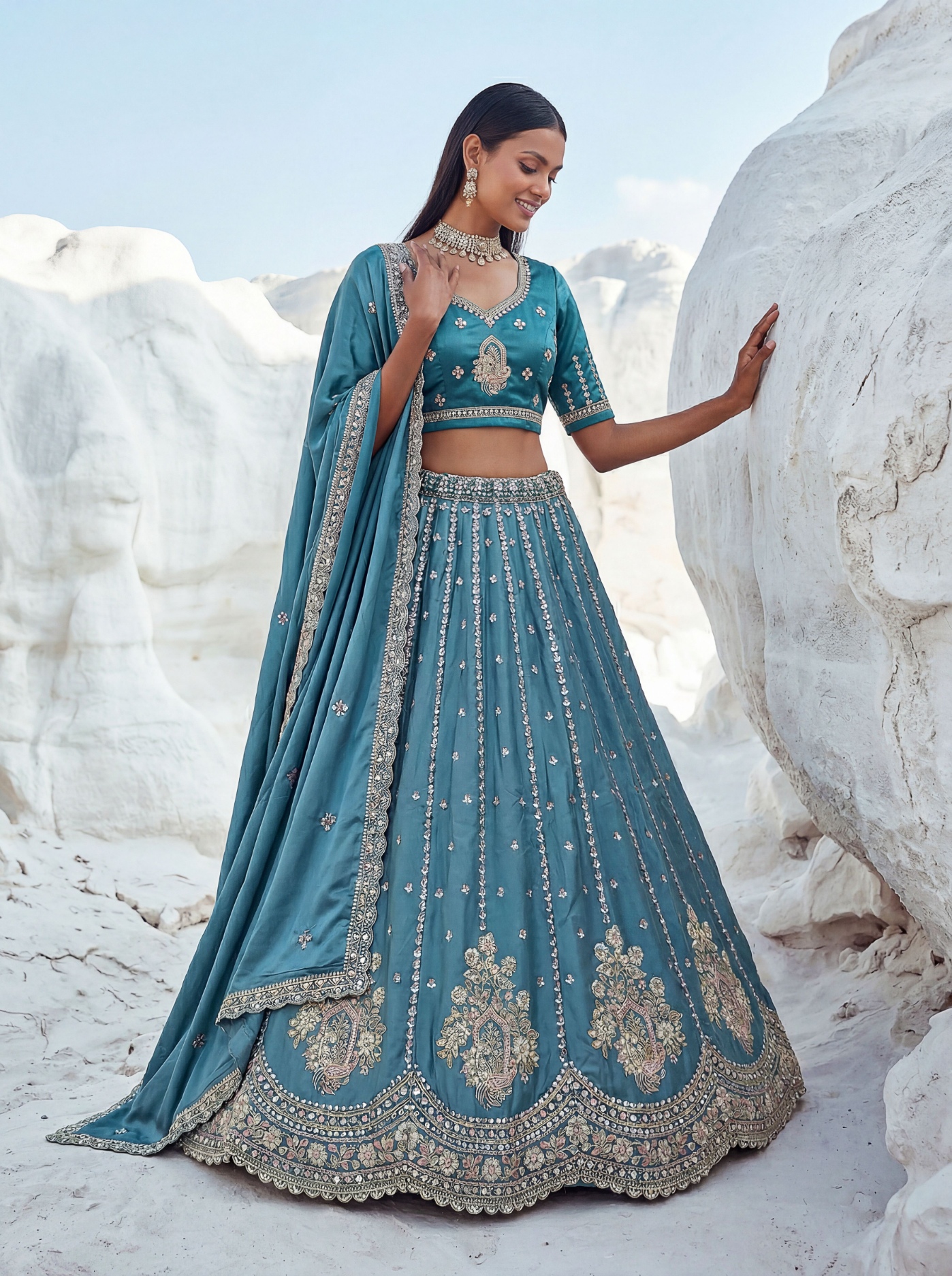 Sky Blue Zari Silk Bridal Lehenga