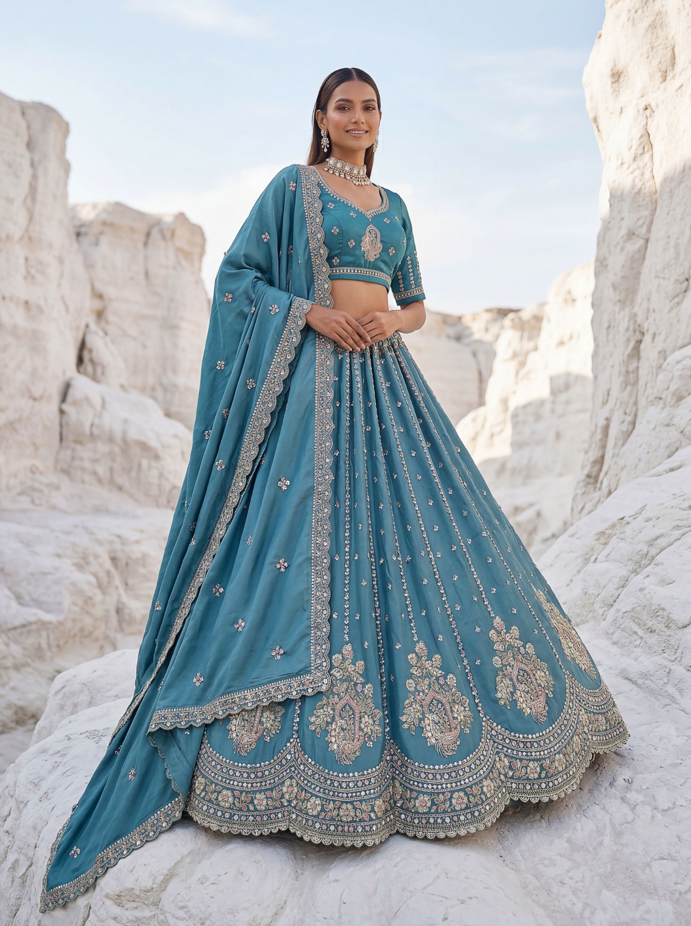 Sky Blue Zari Silk Bridal Lehenga