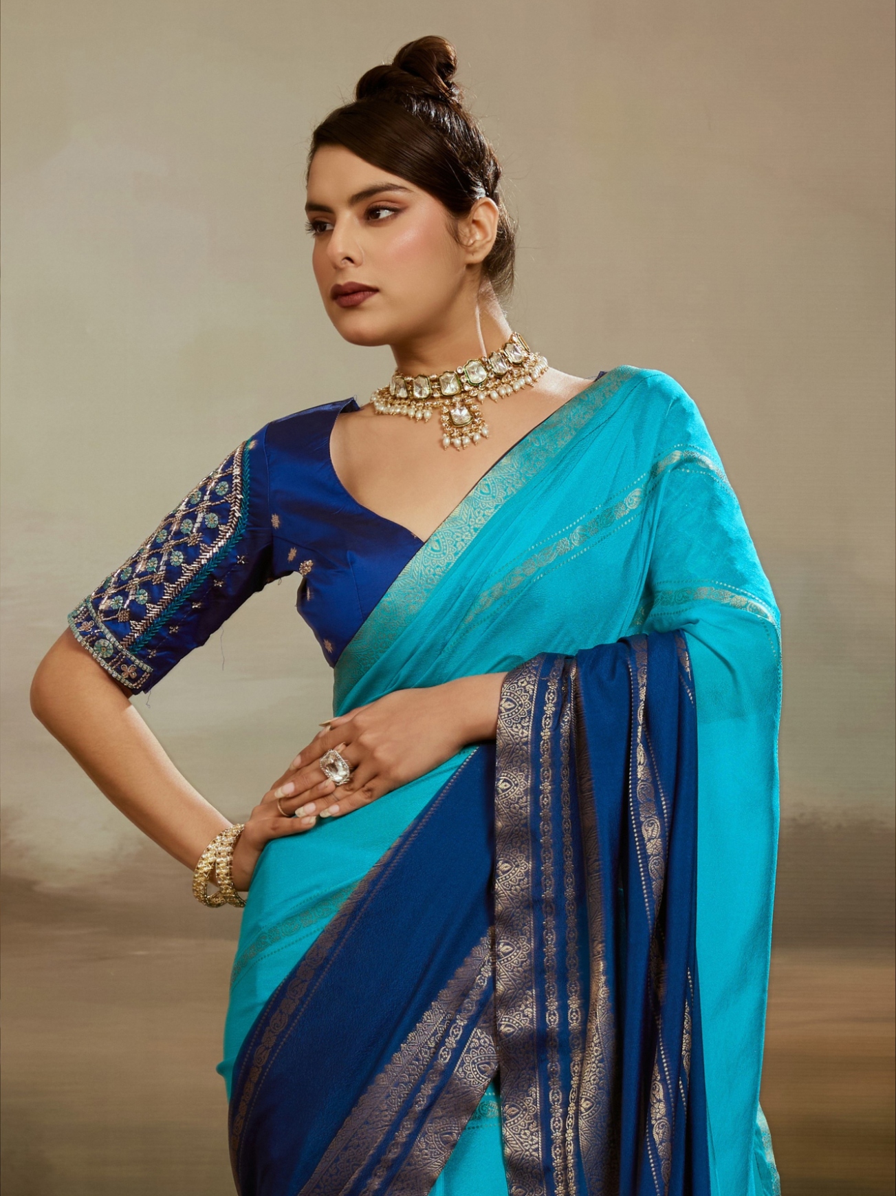 Sky Blue Zari Woven Chiffon Saree — alternate view