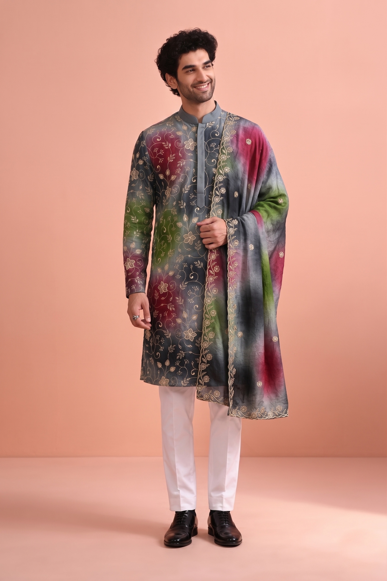Slate Grey Floral Beadwork Rangoli Kurta Pyjama with dupatta
