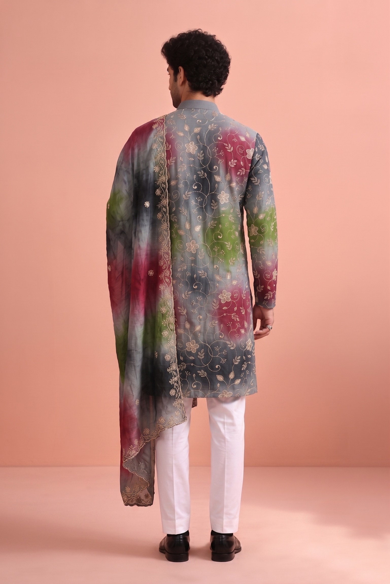 Slate Grey Floral Beadwork Rangoli Kurta Pyjama with dupatta — alternate view