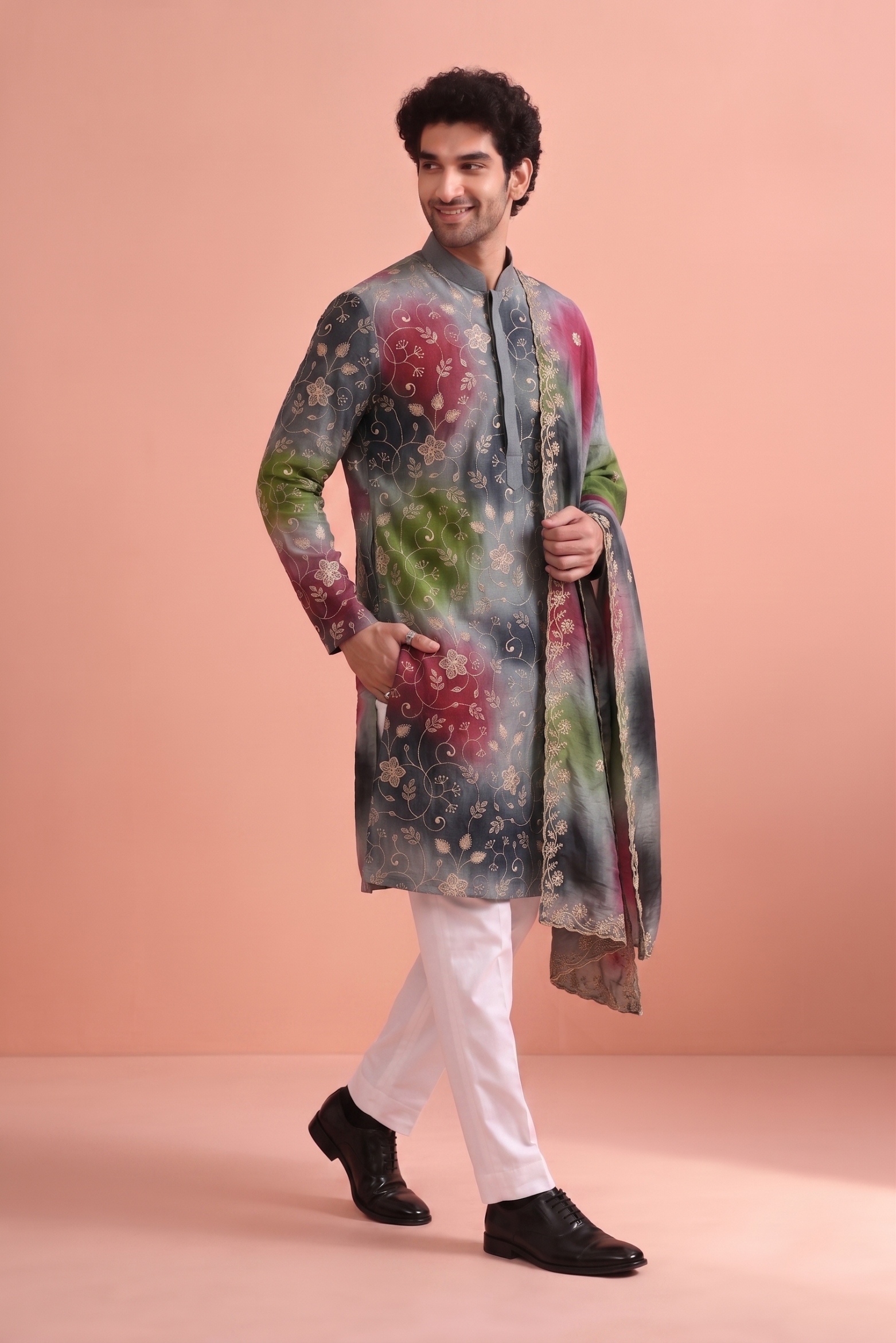 Slate Grey Floral Beadwork Rangoli Kurta Pyjama with dupatta
