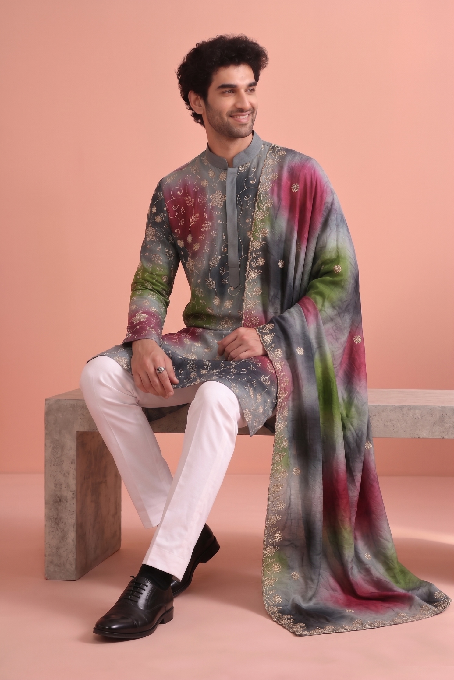 Slate Grey Floral Beadwork Rangoli Kurta Pyjama with dupatta