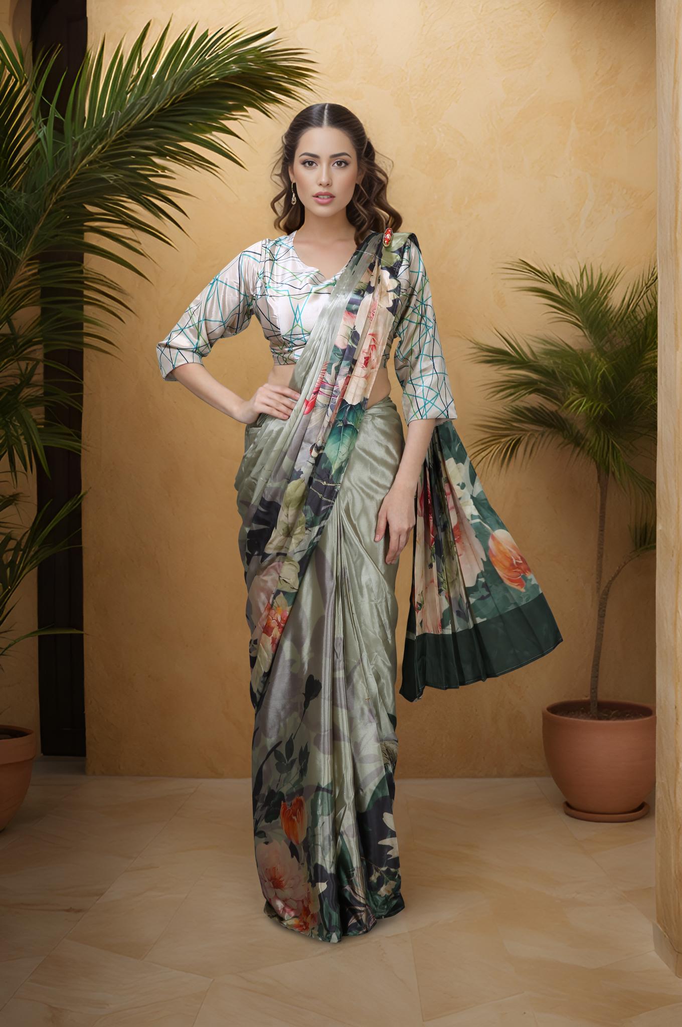 Steel Grey Digital Printed Silk Crepe Ready To Wear Saree
