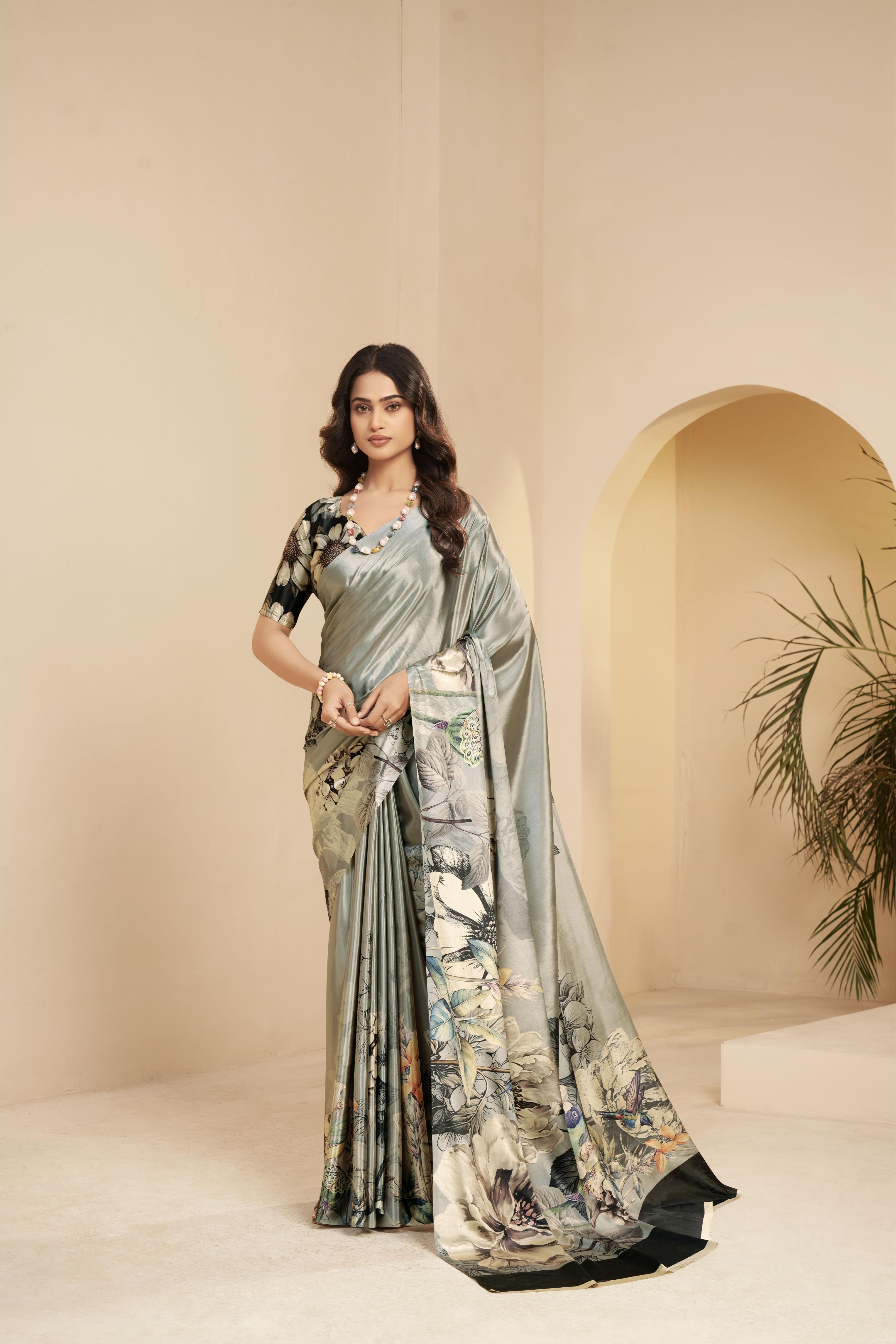 Steel Grey Floral Printed Malai Crepe Silk Saree