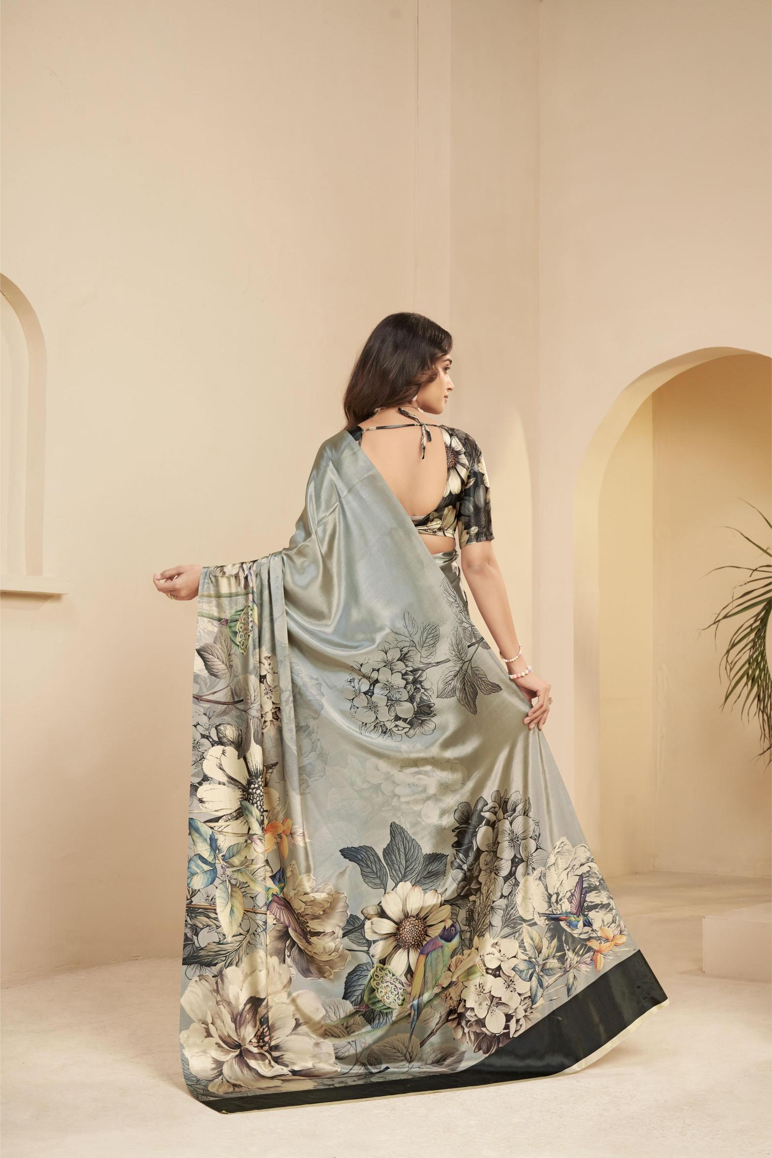 Steel Grey Floral Printed Malai Crepe Silk Saree — alternate view