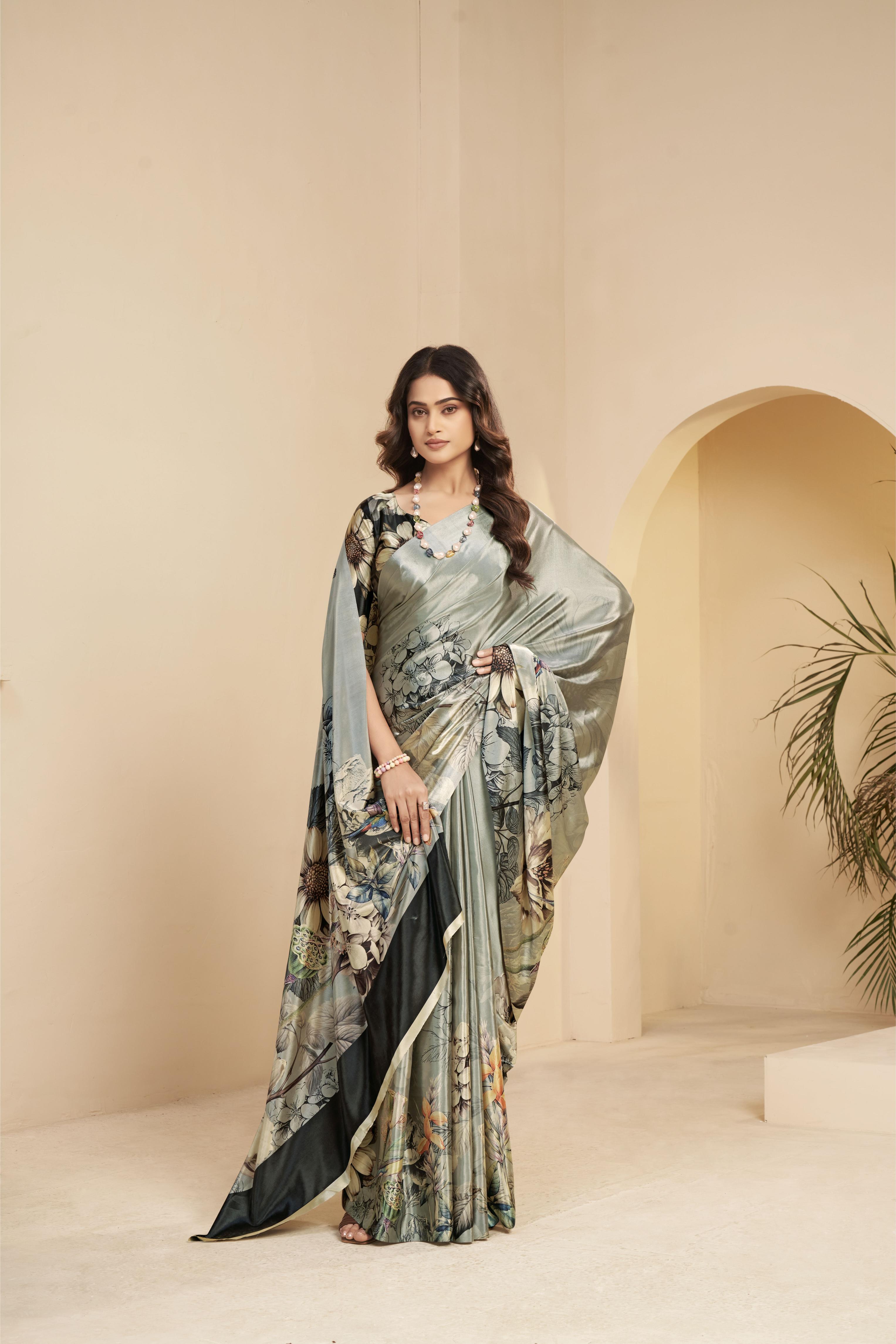 Steel Grey Floral Printed Malai Crepe Silk Saree