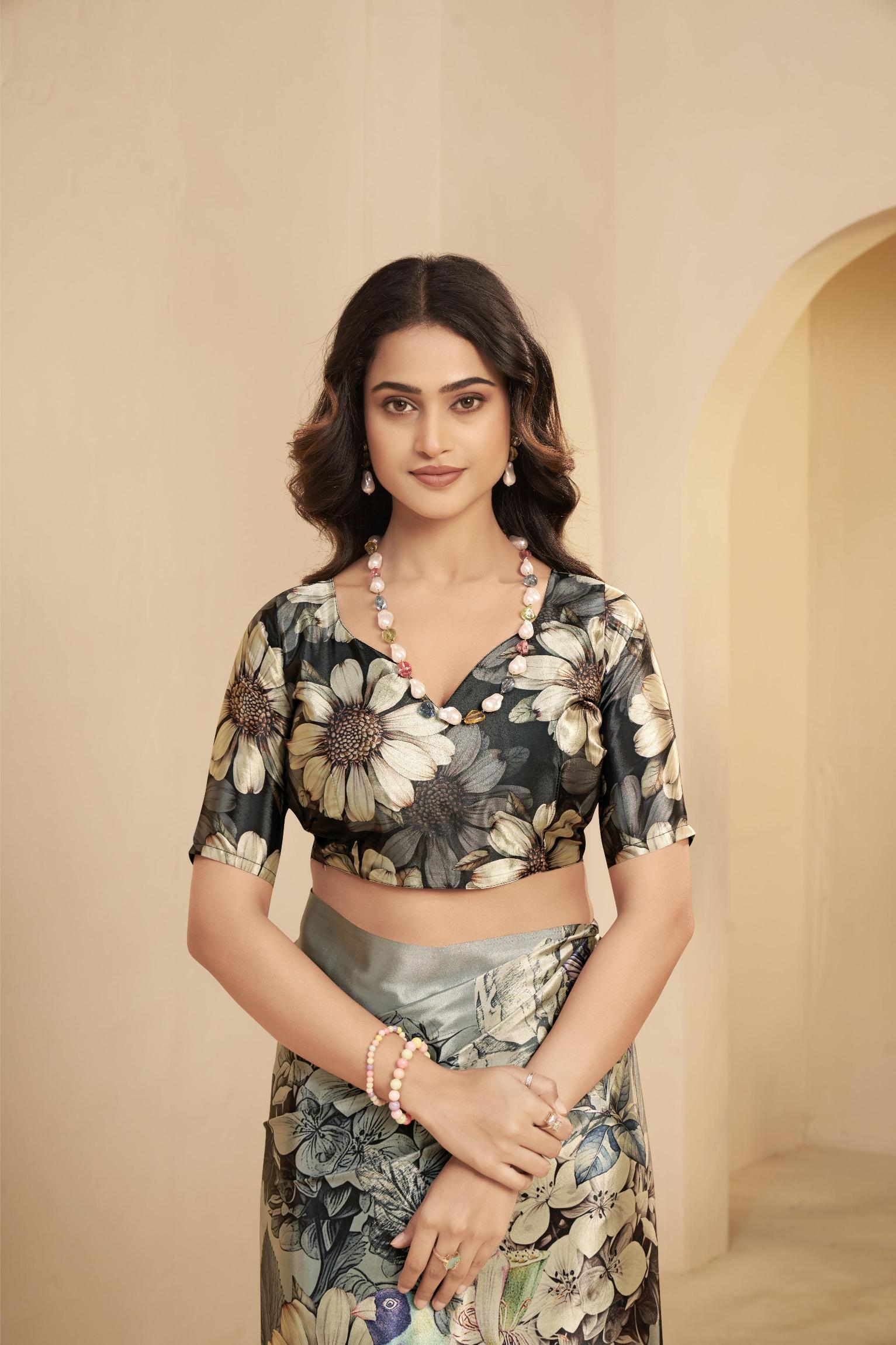 Steel Grey Floral Printed Malai Crepe Silk Saree