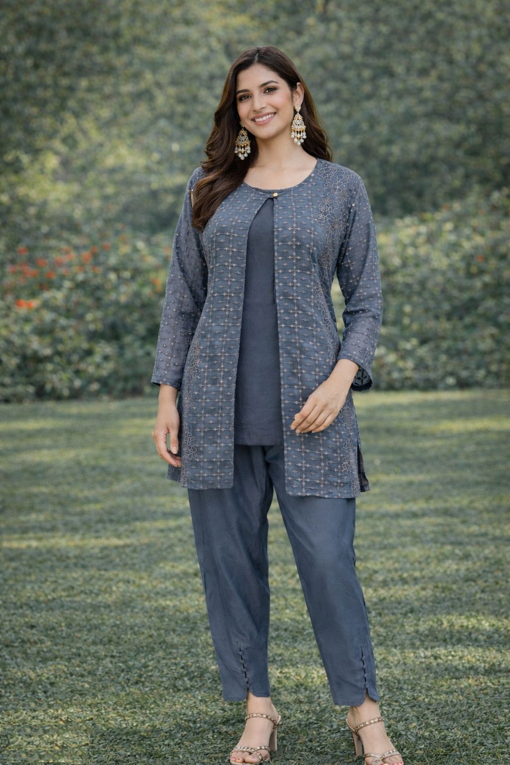 Steel Grey Georgette Floral Embroidery Sequence Work Koti Coord Set