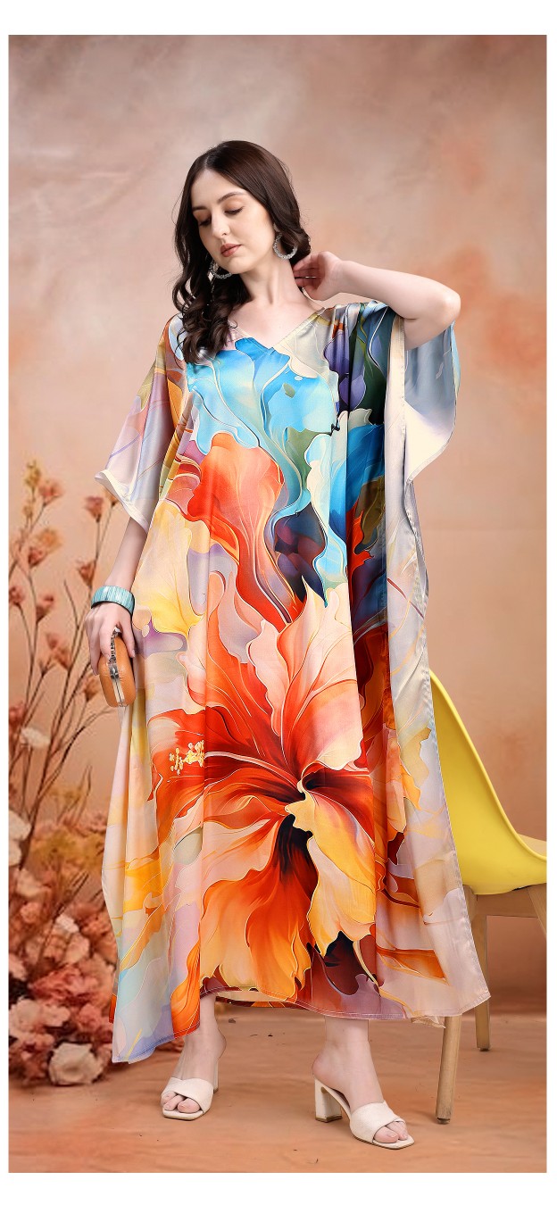 Sunset Bloom Multicolor Digital Printed Satin Kaftan