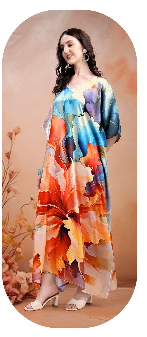 Sunset Bloom Multicolor Digital Printed Satin Kaftan