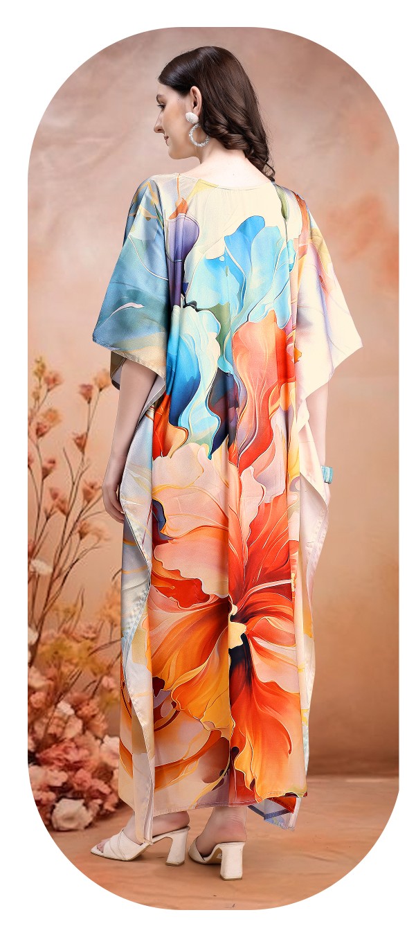 Sunset Bloom Multicolor Digital Printed Satin Kaftan